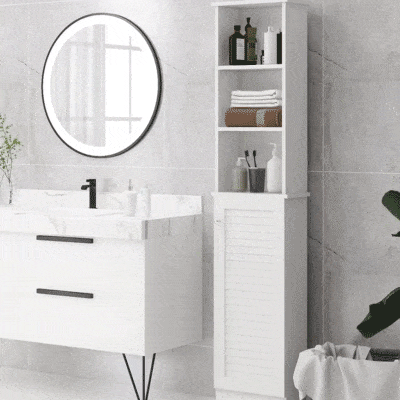 HOMCOM Tall Bathroom Storage Cabinet, Freestanding Linen Tower with 3-Tier Open Adjustable Shelf, White
