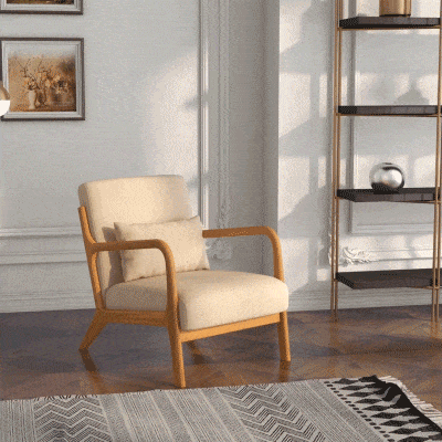 HOMCOM Fabric Lounge Chair, Velvet Armchair, Retro Accent Chair with Wood Legs and Thick Padding for Bedroom, Beige