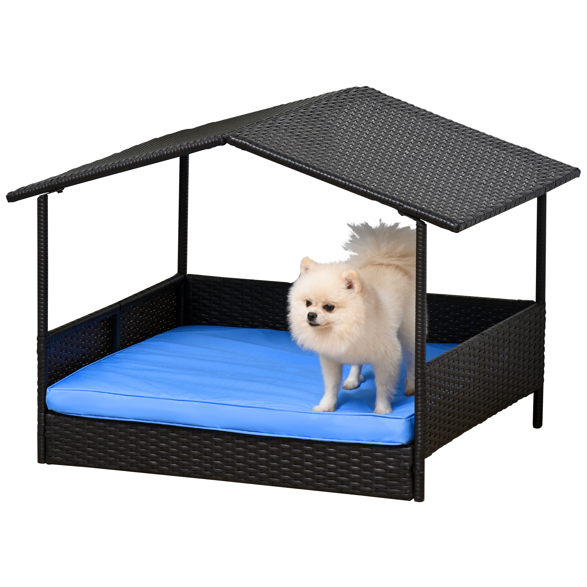 Wicker Dog House Raised Rattan Bed for Indoor Outdoor with Cushion