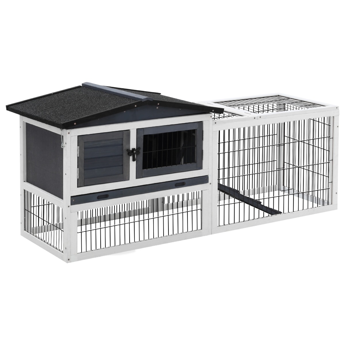 PawHut Solid Wood Rabbit Hutch with 2 House Levels and Patio Space