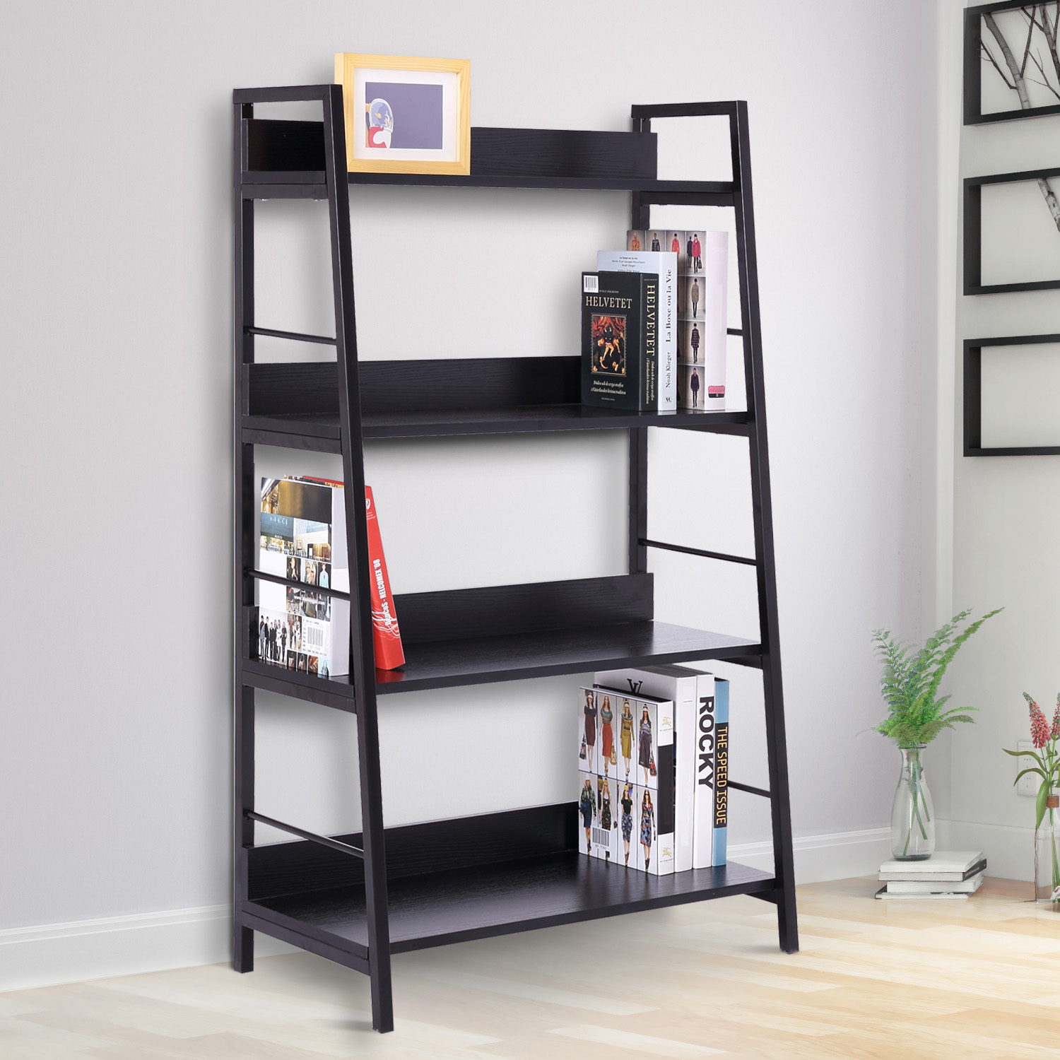 HOMCOM 4-Tier Ladder Shelf Wood Bookcase Storage Unit Open Rack Black ...