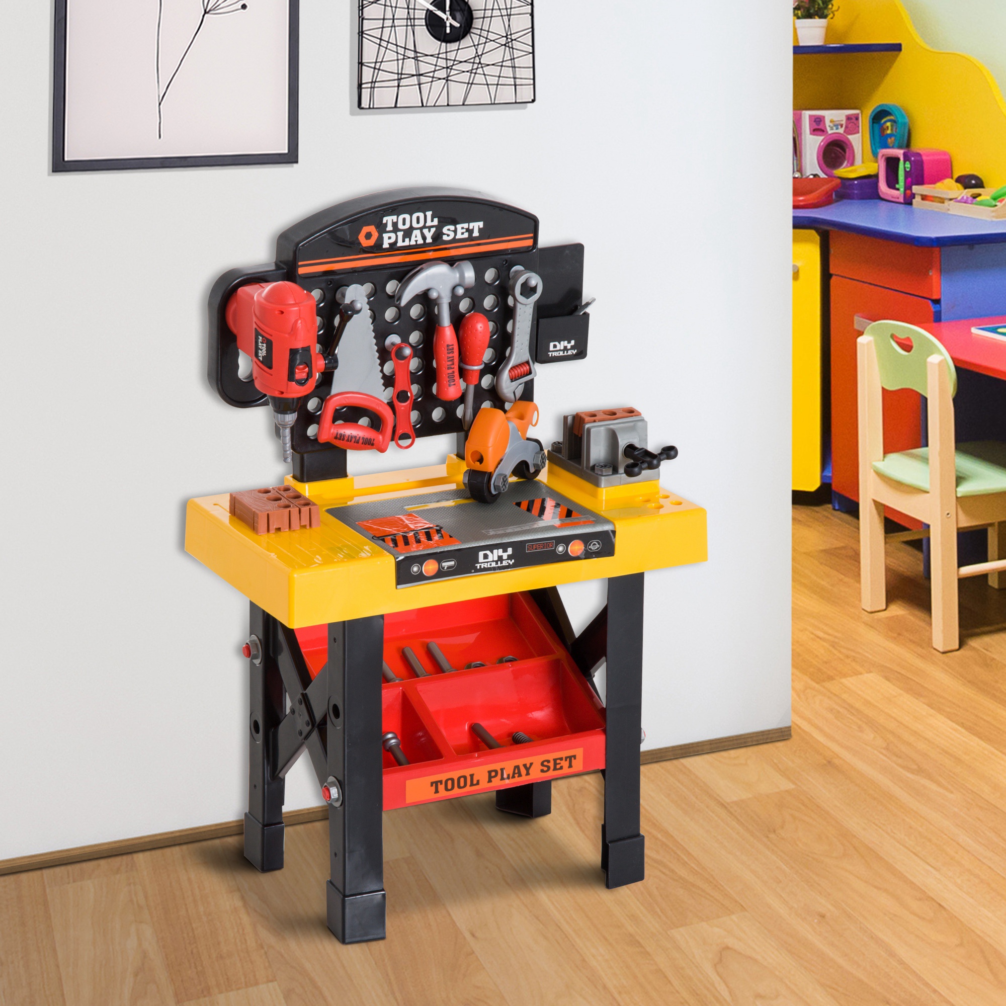 Qaba 53pc Kids Pretend Play Toy Tool Workshop DIY Workbench Table Set ...