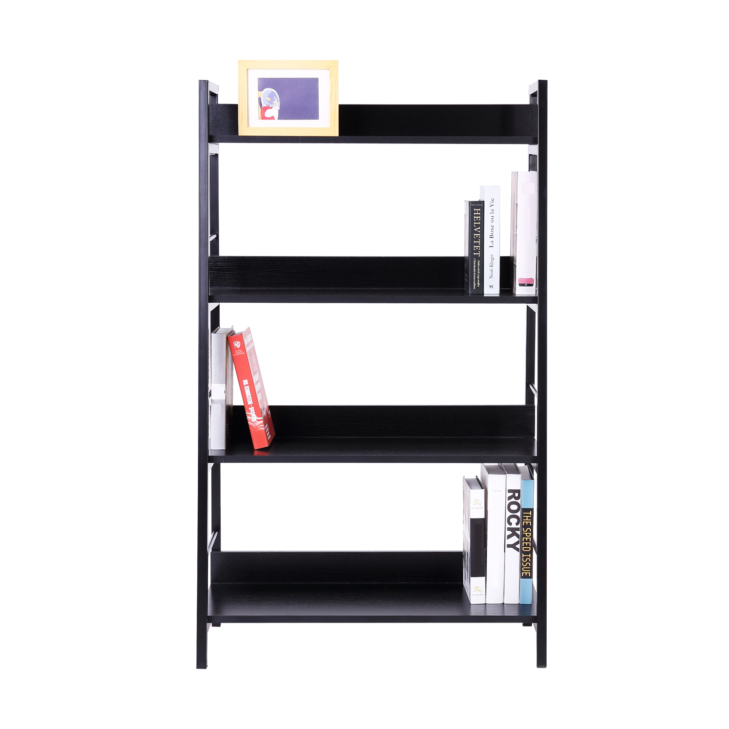 HOMCOM 4-Tier Ladder Shelf Wood Bookcase Storage Unit Open Rack Black ...