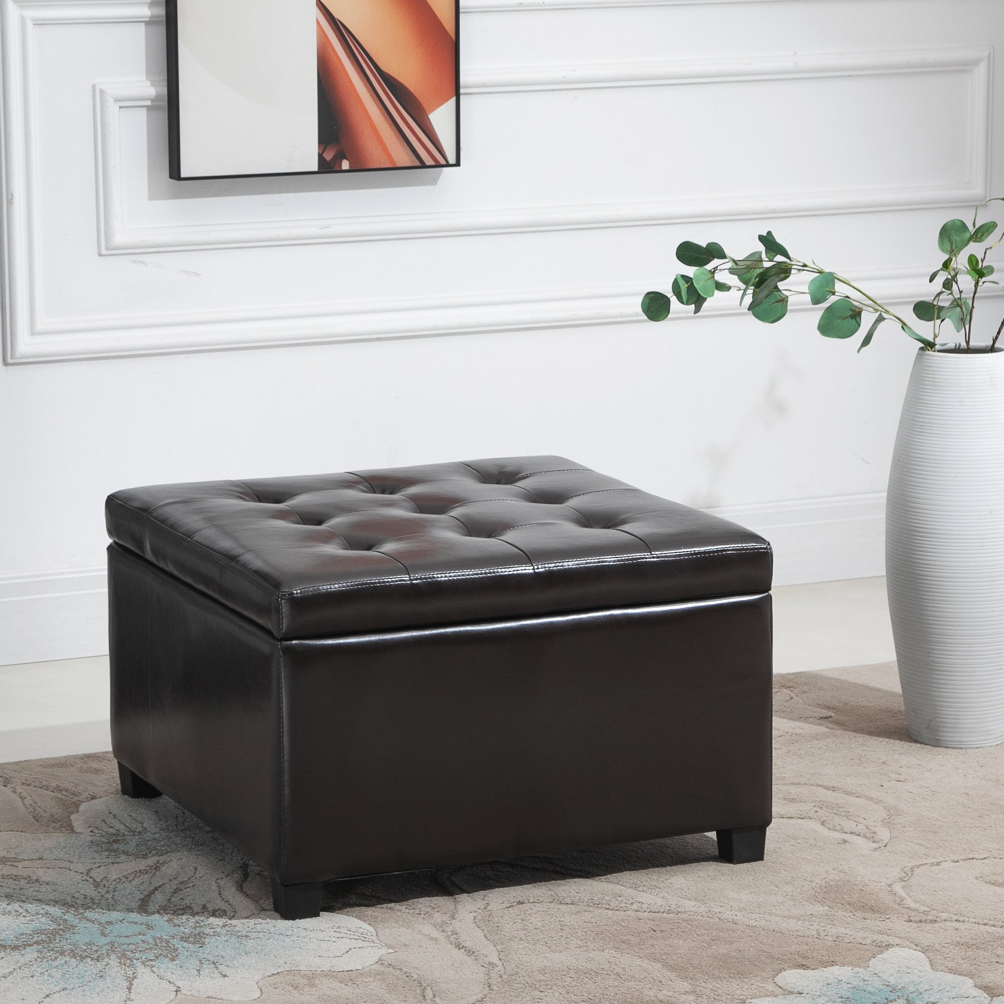 Faux PU Leather Tufted Storage Ottoman Upholstered Accent Bench
