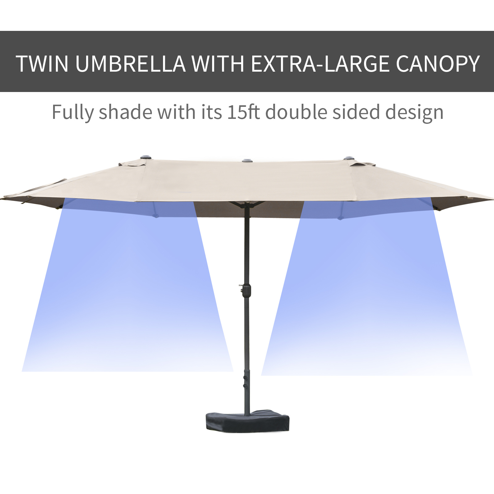 15ft double-sided extra large patio twin umbrella Outdoor Double Sided Umbrella Khaki The top is equipped with three vents to effectively keep the air inside and outside the umbrella NEWBULIG 15ft Double-Sided Patio Umbrella,