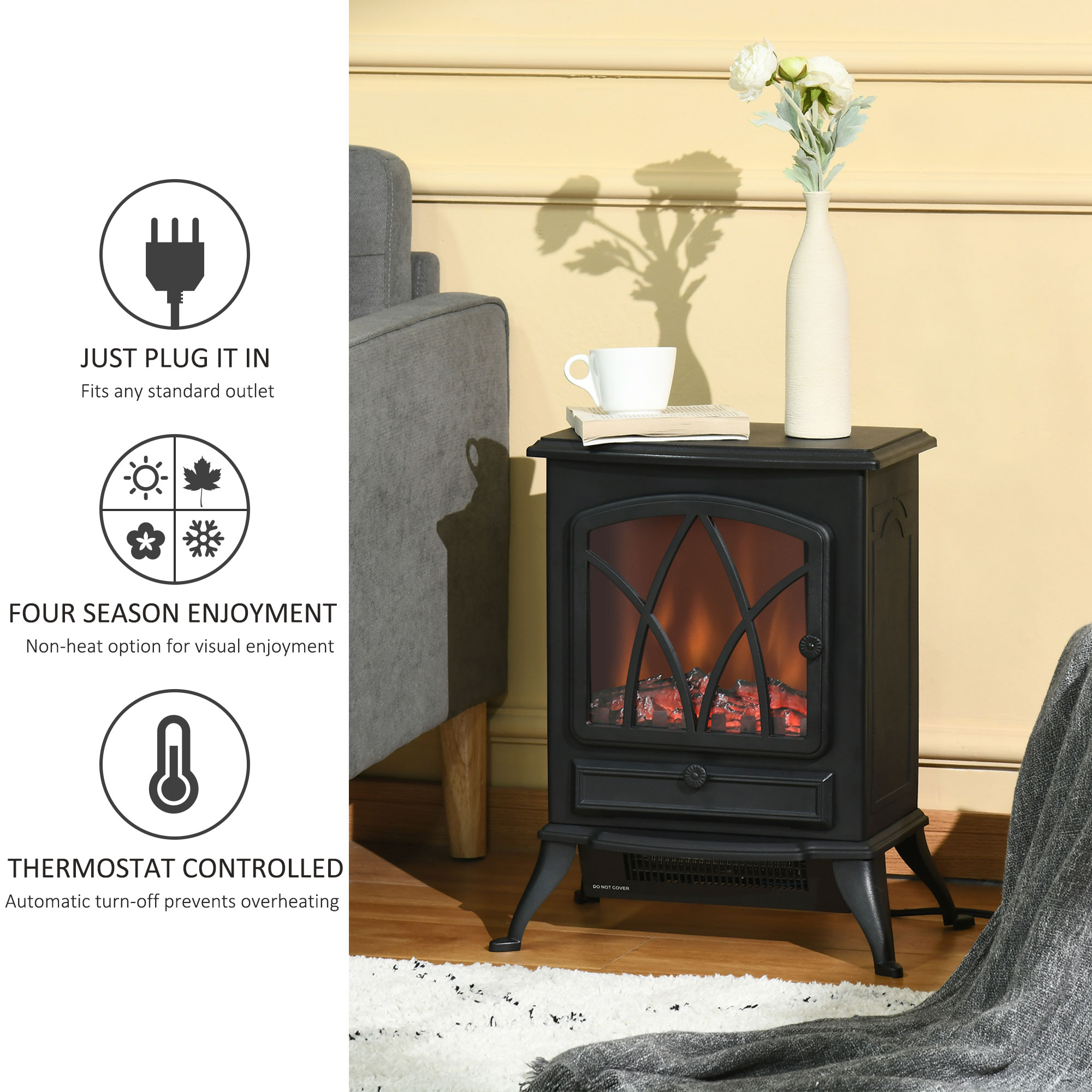 HOMCOM Free Stand Electric Fireplace Stove Heater with Adjustable LED Flame  Effect and Front Door, 750W/1500W, Black | Aosom Canada