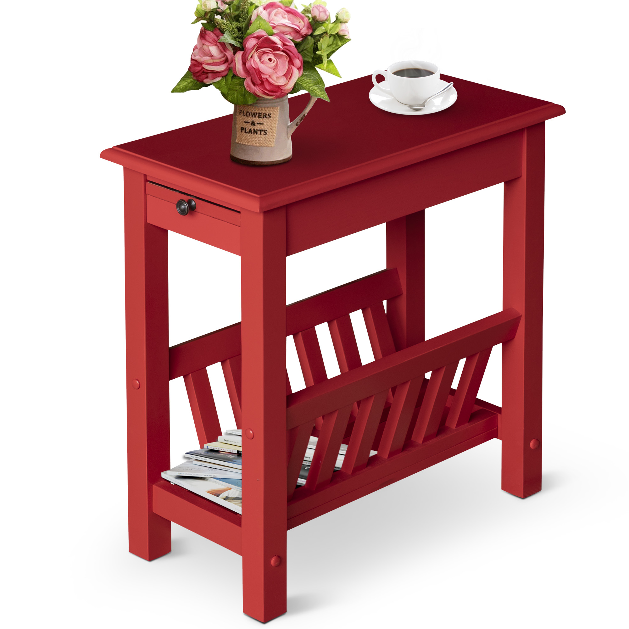 Modern 2Tier Acacia Wood End Table Side Desk with Cup Holder
