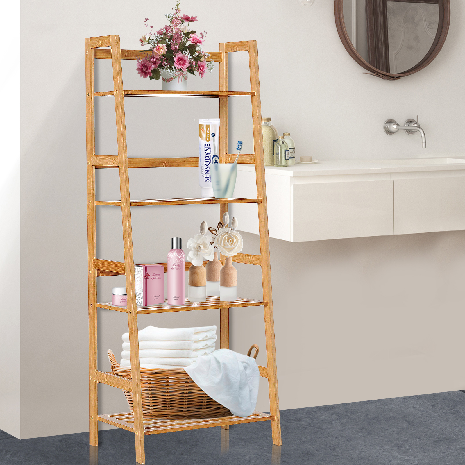 HOMCOM 4 Tier Bamboo Multi-Functional Storage Rack Ladder Bookcase ...