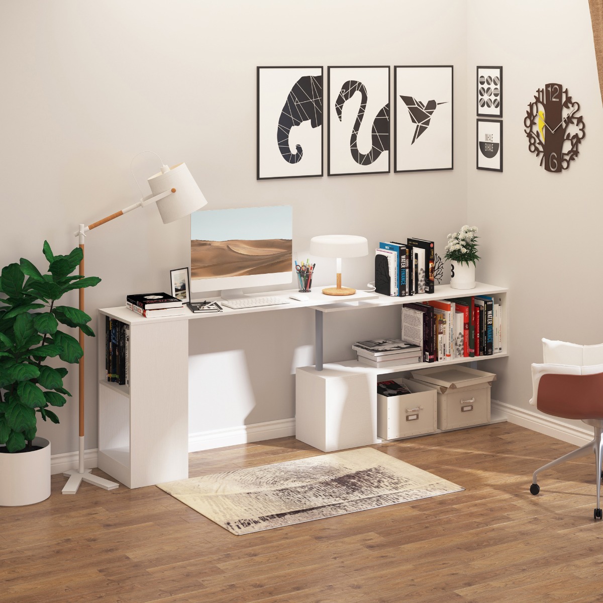 HOMCOM 360° Rotating L-Shaped Desk with 3-Tier Storage Shelves