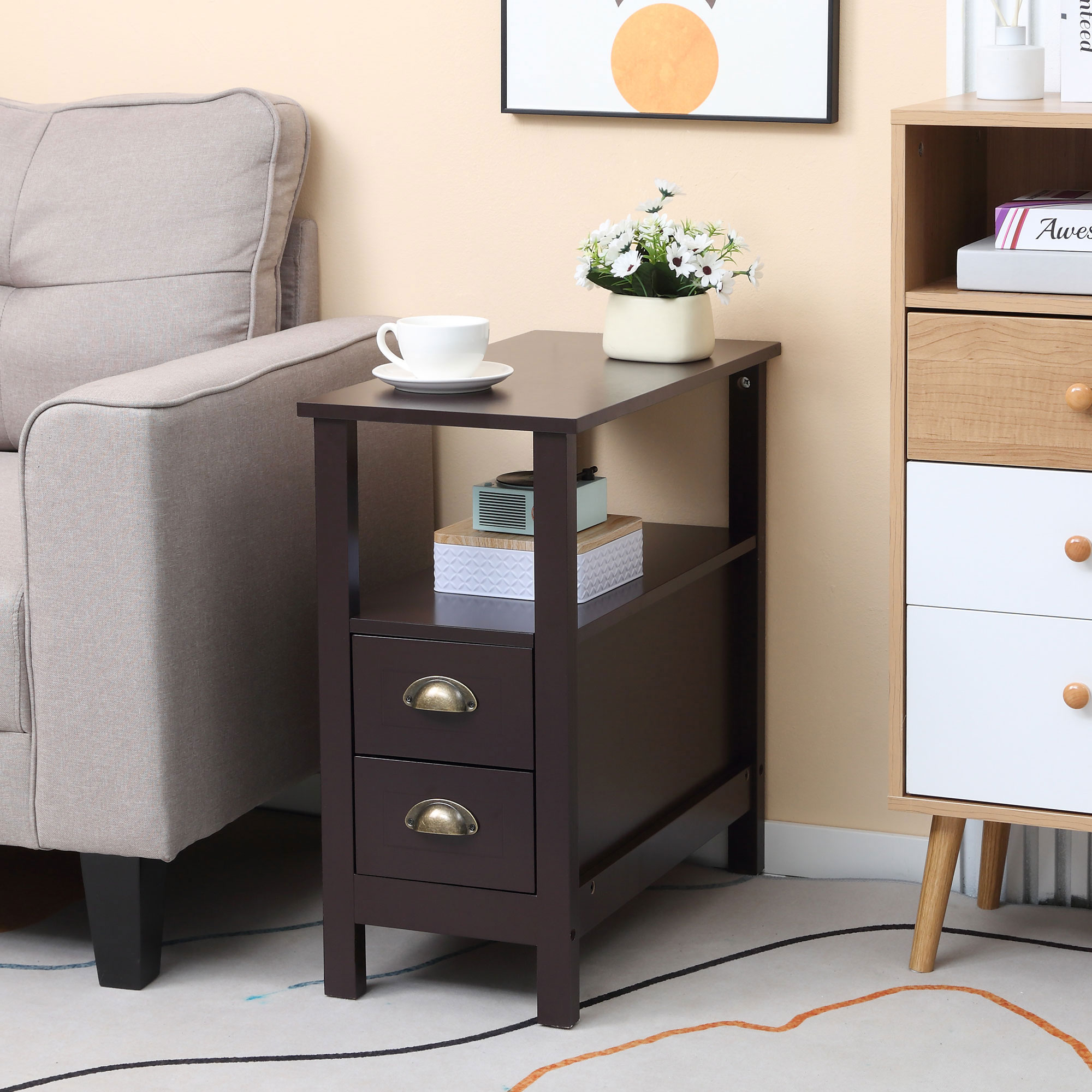 Slim End Table with 2 Drawers and Storage Shelf, Sofa Side Table