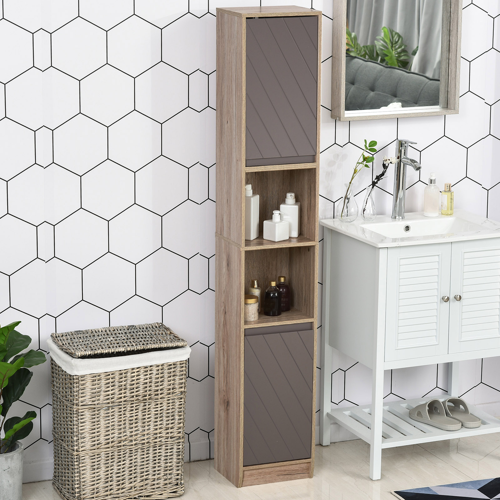 HOMCOM 67''/170cm Freestanding Bathroom Tall Storage Cabinet Organizer ...