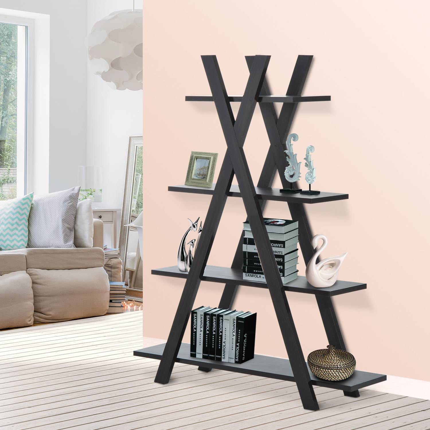 HOMCOM Wooden A Frame Bookshelf 4-tier Ladder Display Shelf Storage ...