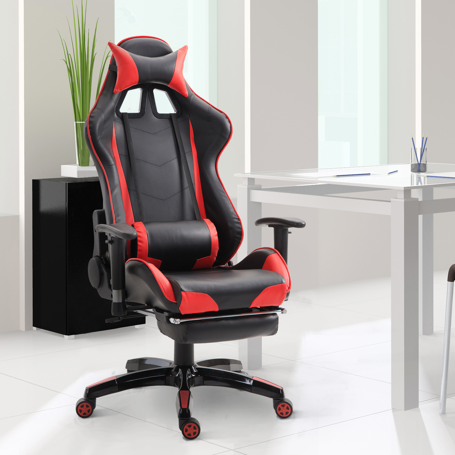 High Back Gaming Chair with Footrest Home Office Retractable