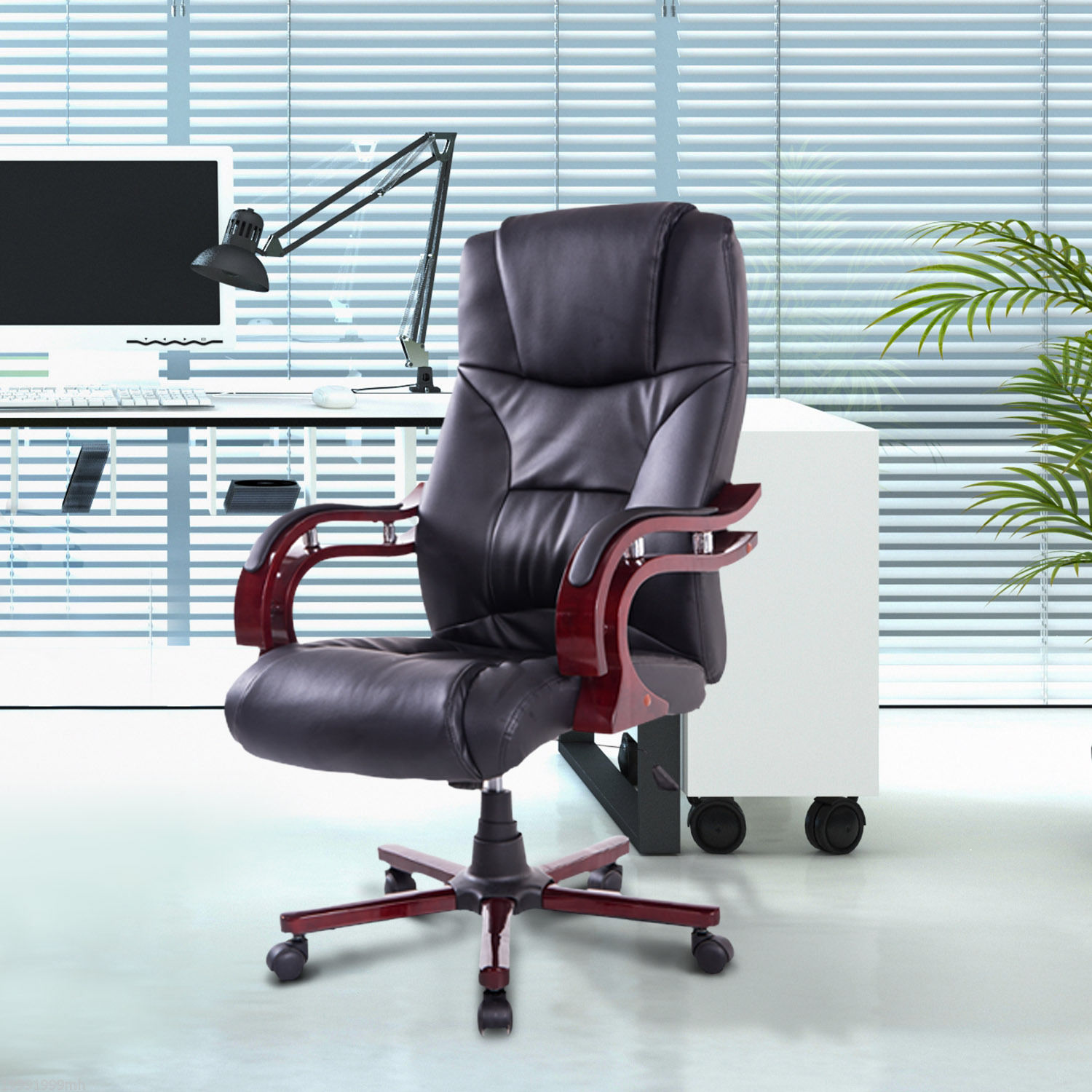 PU Leather / Wood High Back Executive Office Chair Deluxe Seat Swivel Ergonomic Computer