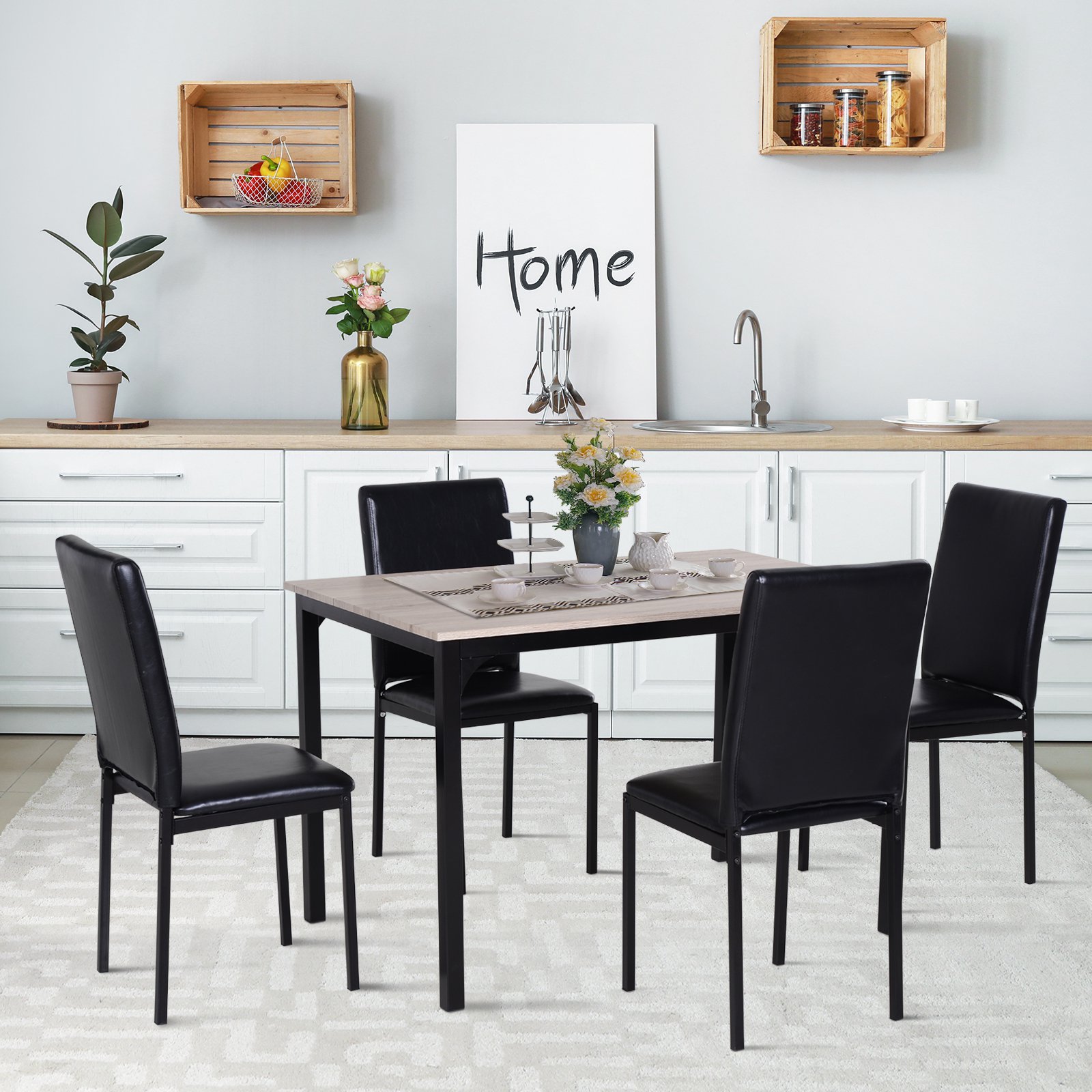 HOMCOM 5pcs Dining Set Wood Table Top and PU Padded Seat Kitchen Table Set for 4 Chairs Modern ...