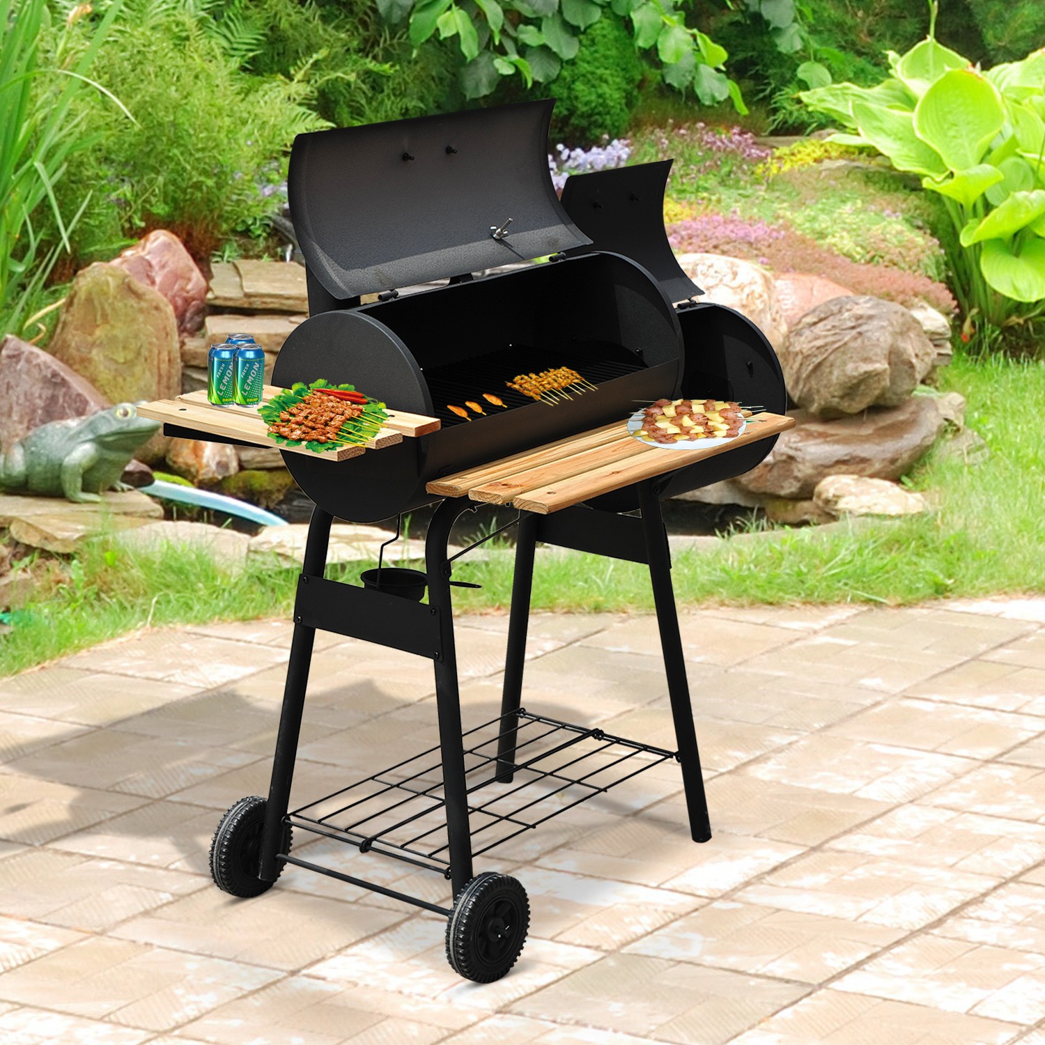 Outsunny Free Standing Charcoal BBQ Grill Barbecues 2 Burners Cooking