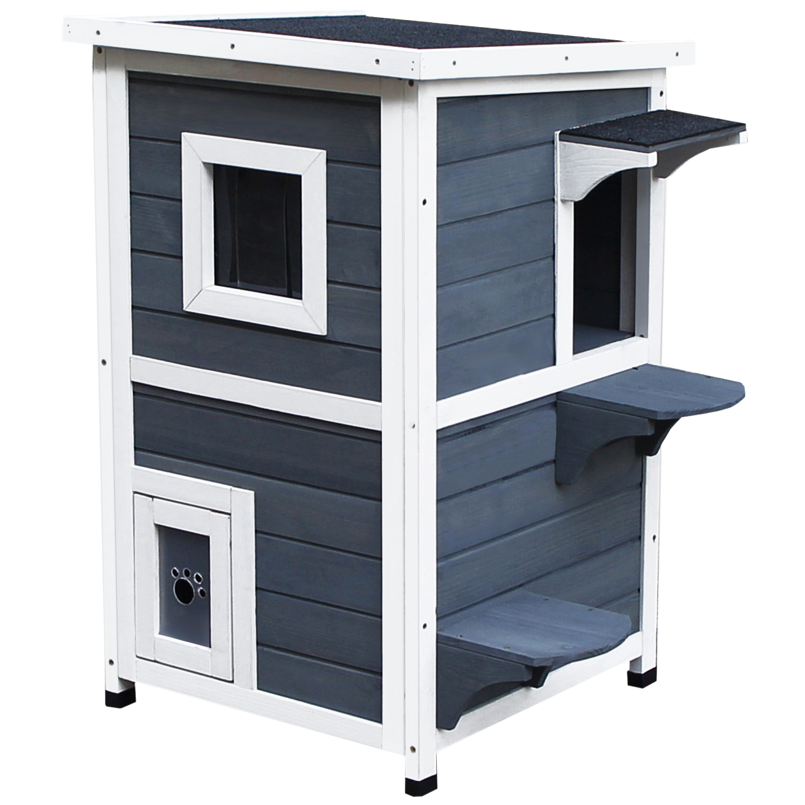 PawHut Solid Wood 2Floor Cat Tree Condo Kitten Shelter with Window Pet Supplies