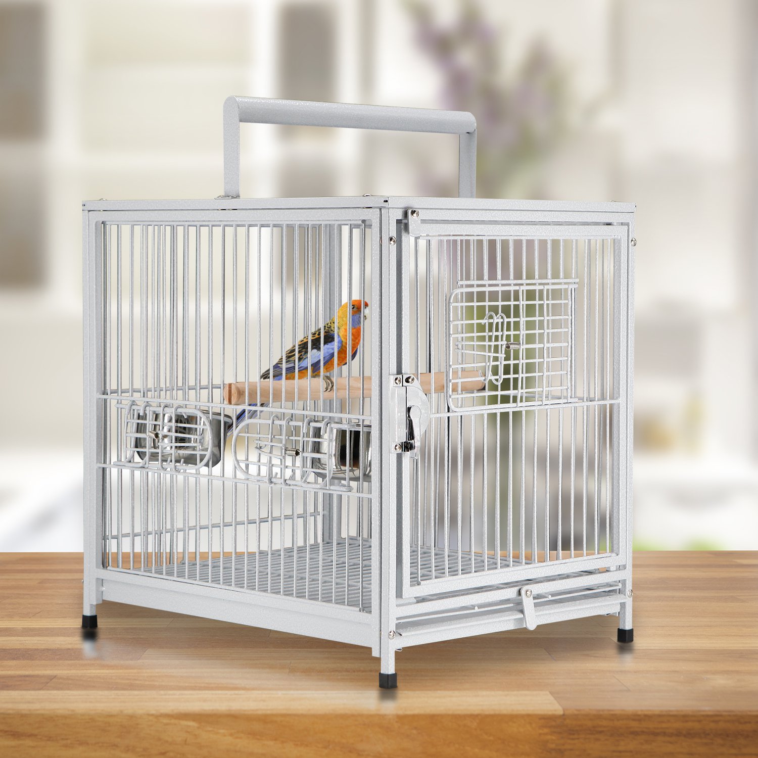 Portable Travel Bird Carrier Cage For Parrots - 19"x15"x25", Heavy Duty Wrought Iron, With Bowls & Play Perch