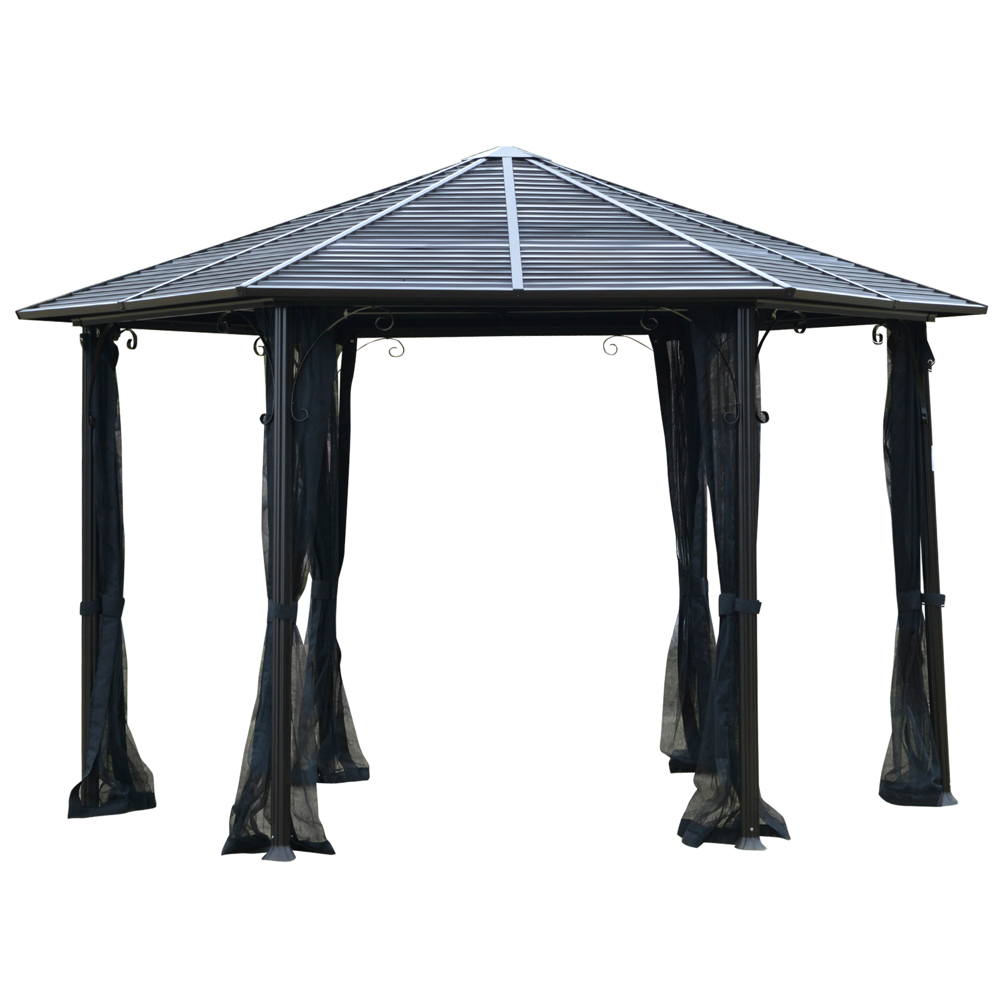 Outsunny 13&#039; x 13&#039; Steel Hexagonal Gazebo Canopy Heavy Duty Outdoor Pavilion with Aluminum Alloy Frame, Netting Sidewalls, Black