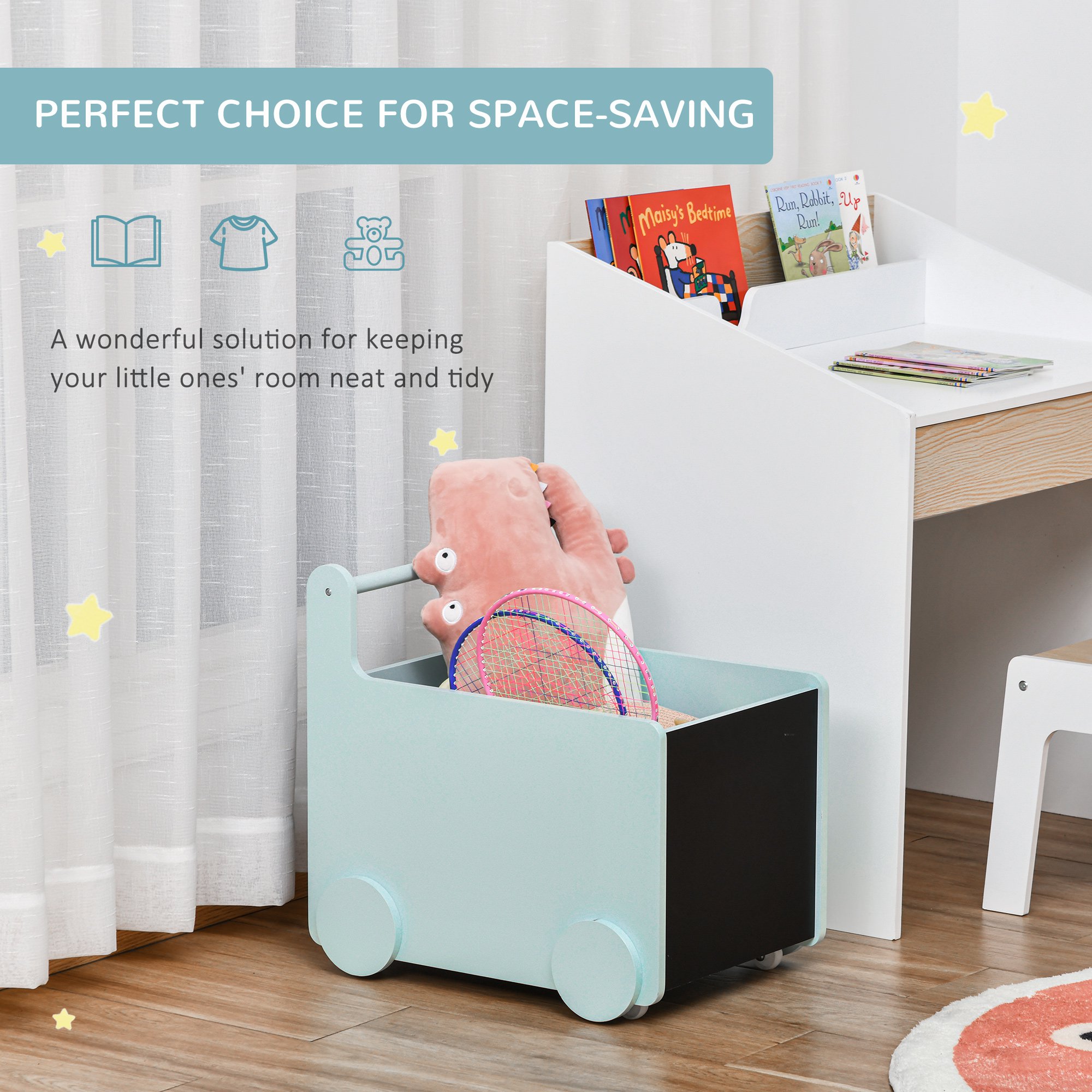 Qaba's Kids' Storage Cabinet, Organize Books, Toys, and Crafts, Safely Transport With Included Wheels, Blue 18.5"L x 13.75"W x 18"H 3