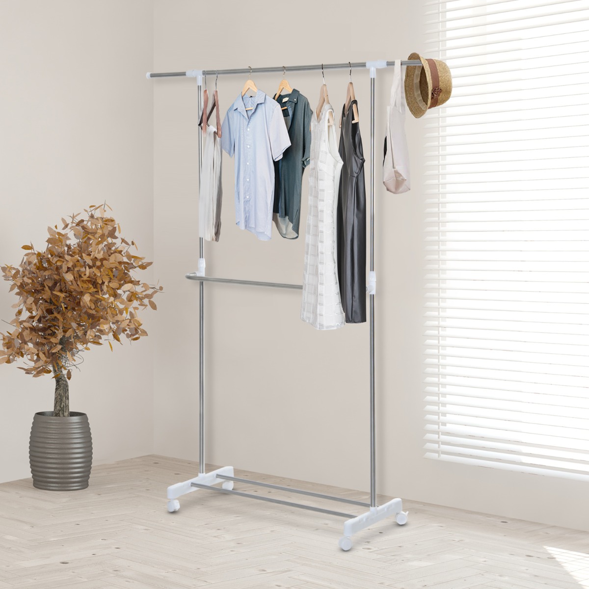 HomCom Wardrobe Rack Rolling Extendable Clothes Rack Adjustable Double ...