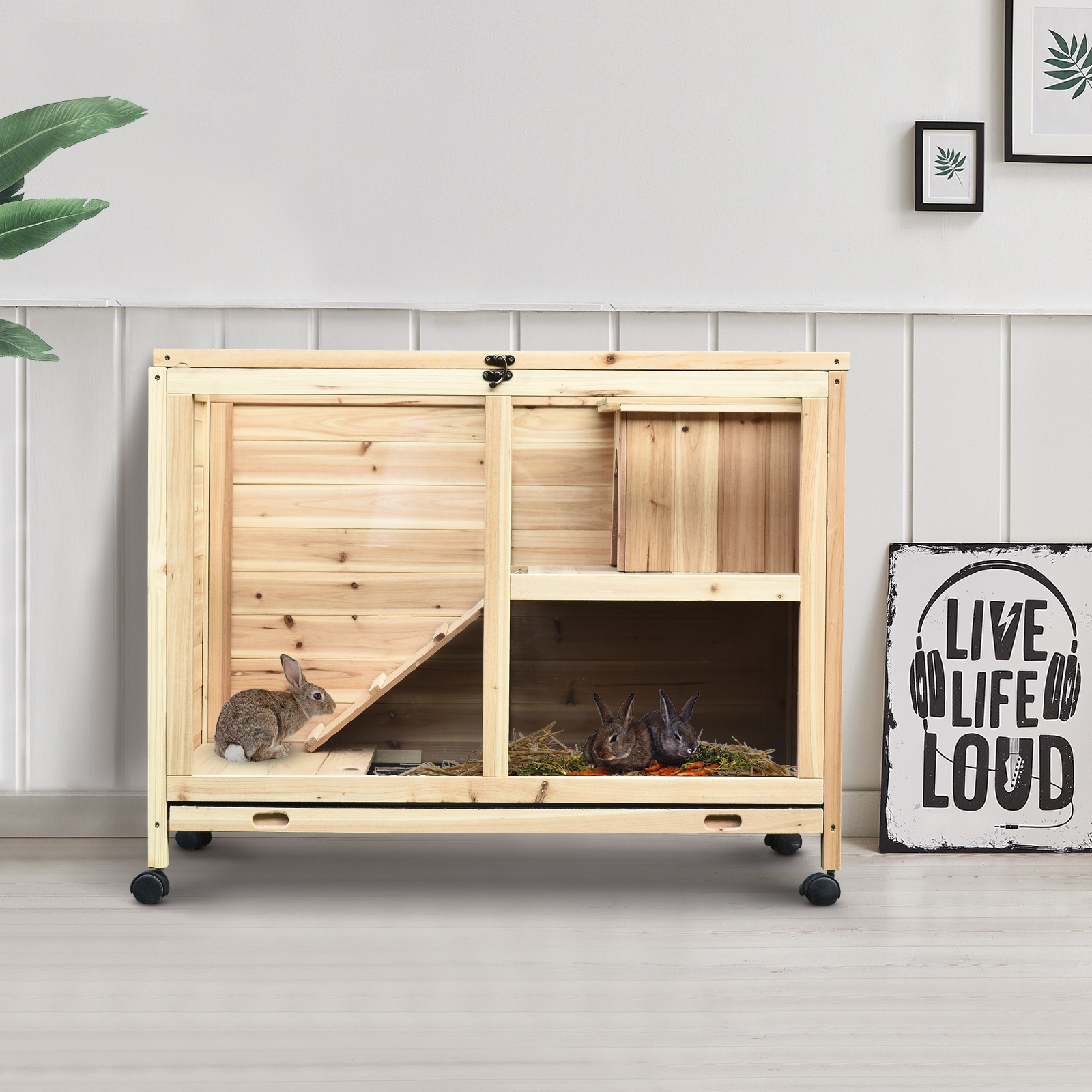 PawHut Wood Rabbit Hutch Solid Pet House Indoor WaterResistant W/ Ramp