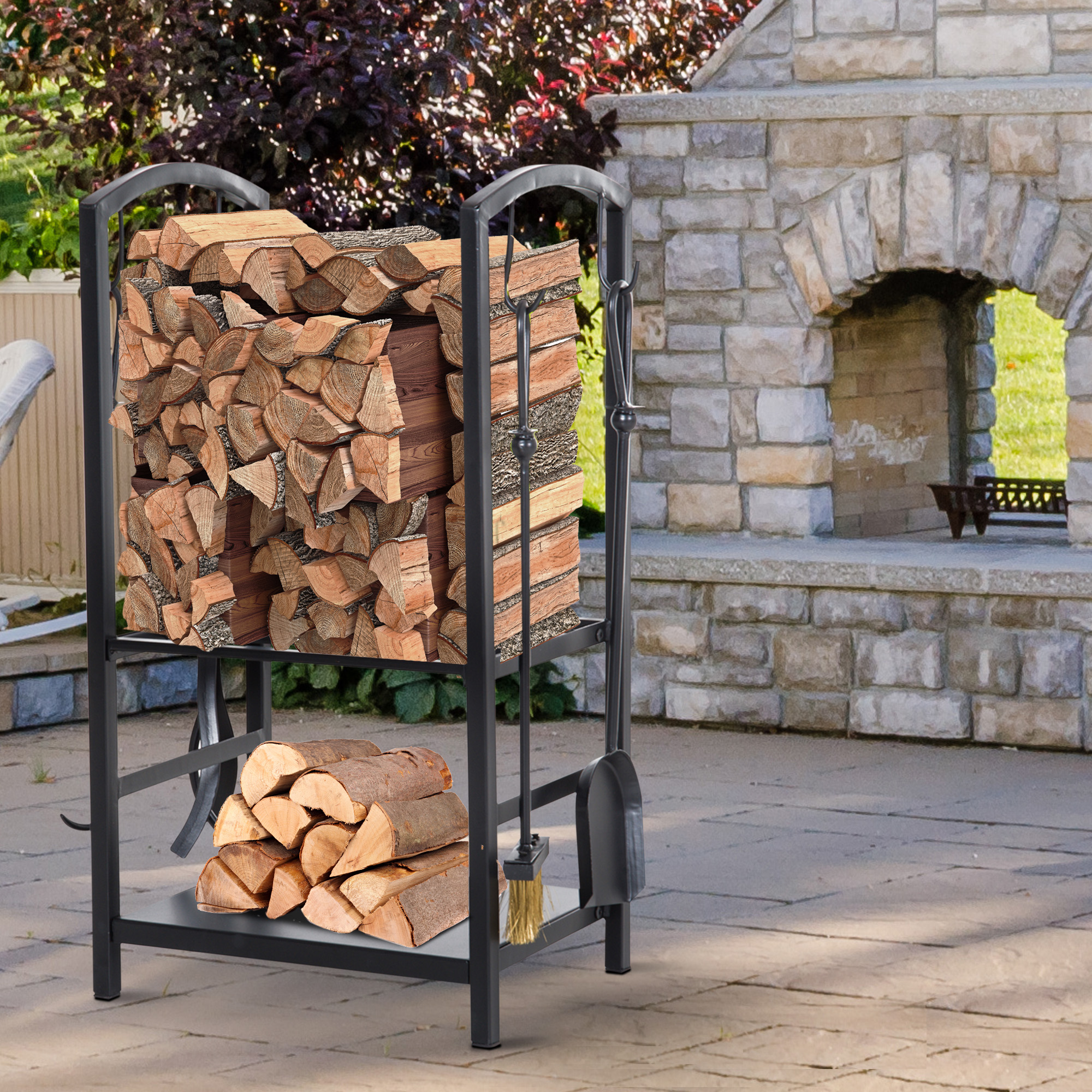 Tier Log Rack HomCom Steel 2-Tier Heavy Duty Firewood Organizer Rack Indoor Outdoor ...