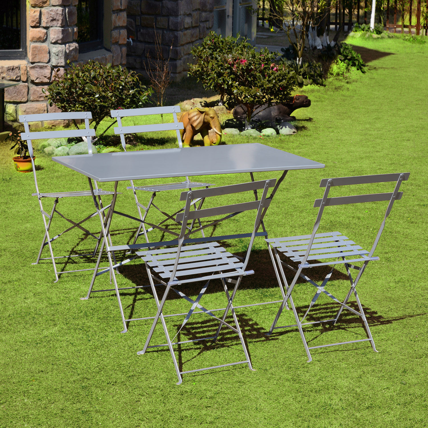 Outsunny 5 Piece Outdoor Metal Folding Table and Chairs Set Grey