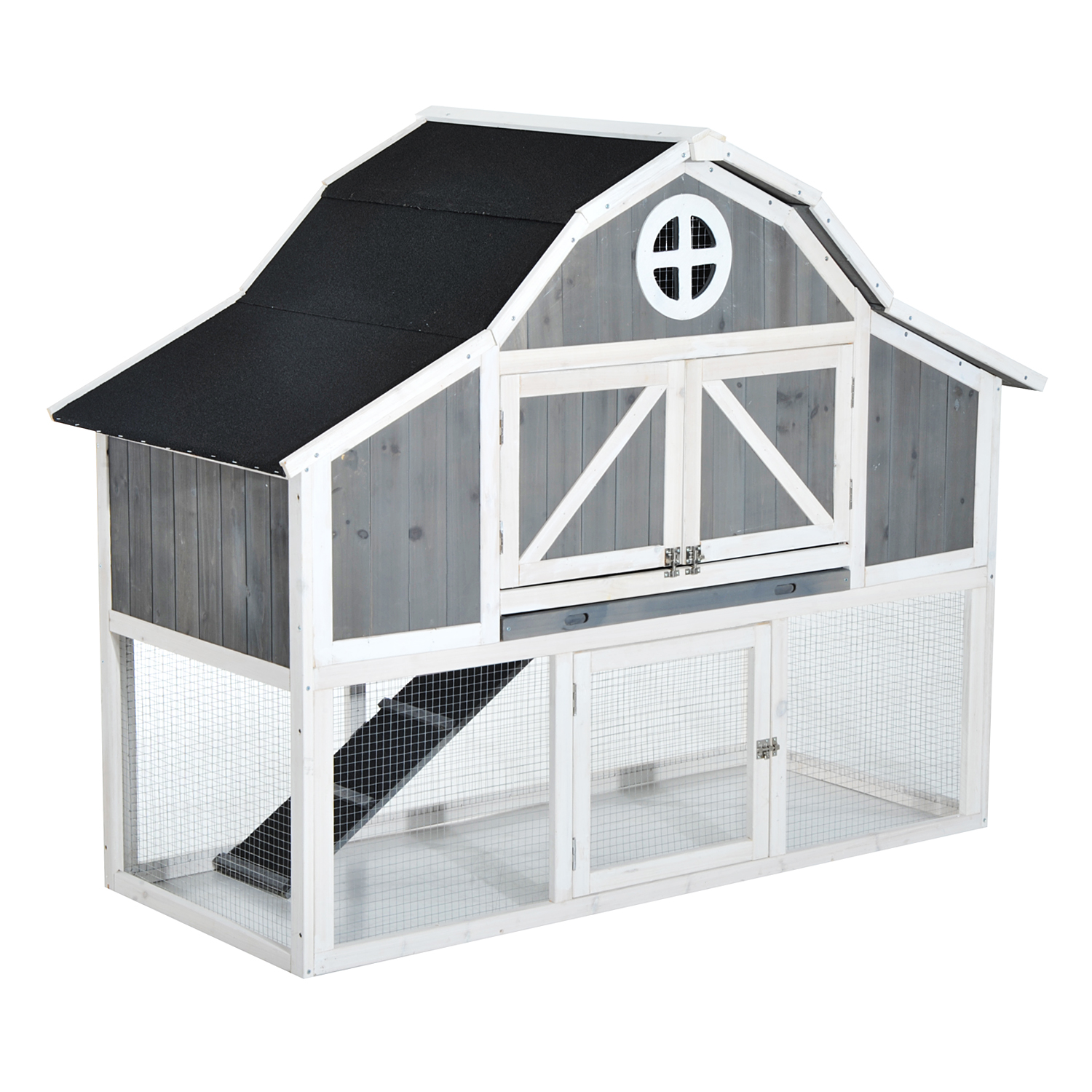 Pawhut 59" Wooden 2 Story Rabbit Hutch with Outdoor Run White/Gray
