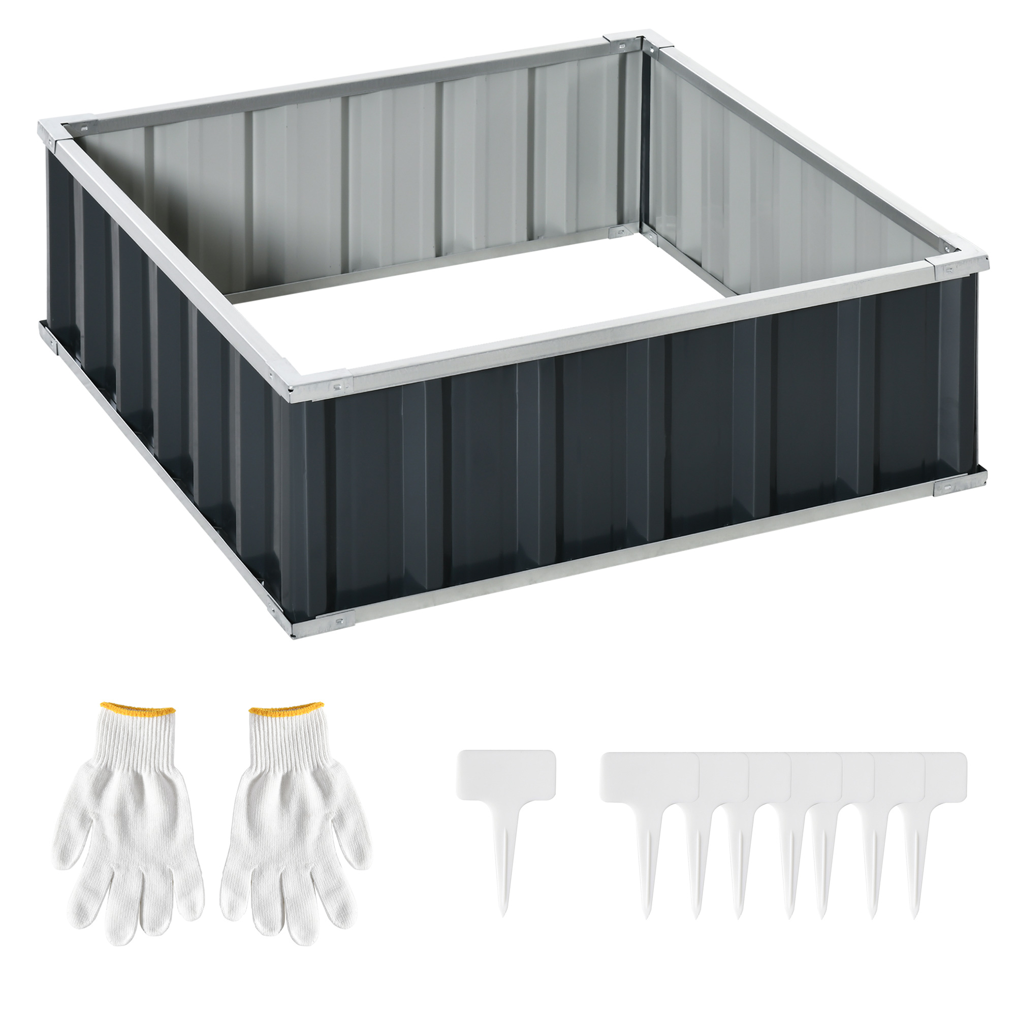 Outsunny 3x3ft Metal Raised Garden Bed, Steel Planter Box, No Bottom w/ A Pairs of Glove for Backyard, Patio to Grow Vegetables, and Flowers, Grey
