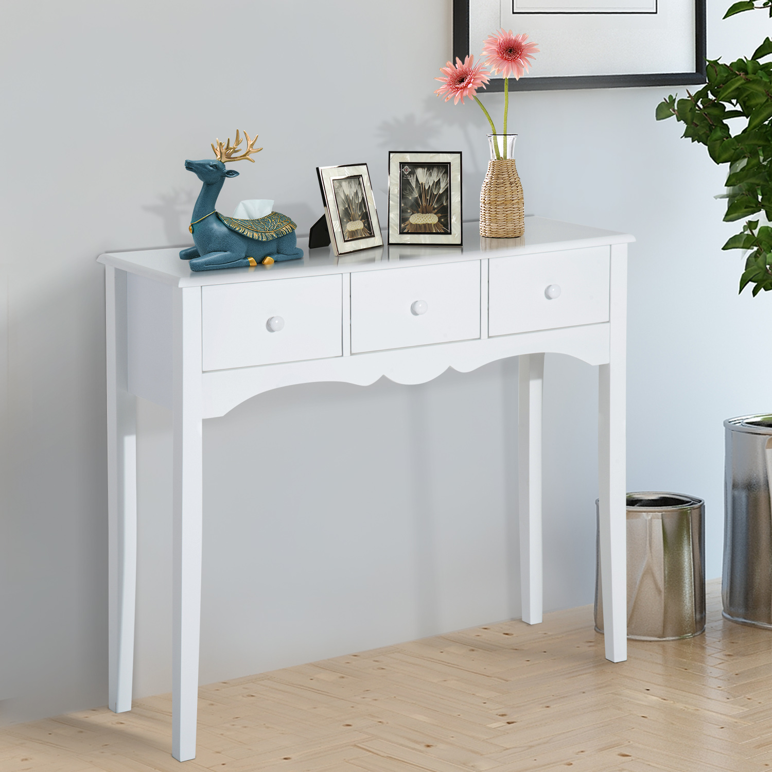 Wood Narrow Front Entryway Wall Console Table 3 Drawers White