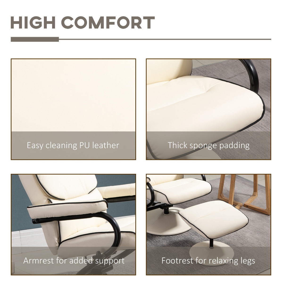 HOMCOM Recliner Chair with Ottoman Cream White Swivel PU Leather High Back Armchair Thick Foam, Cream White| Aosom.com 5