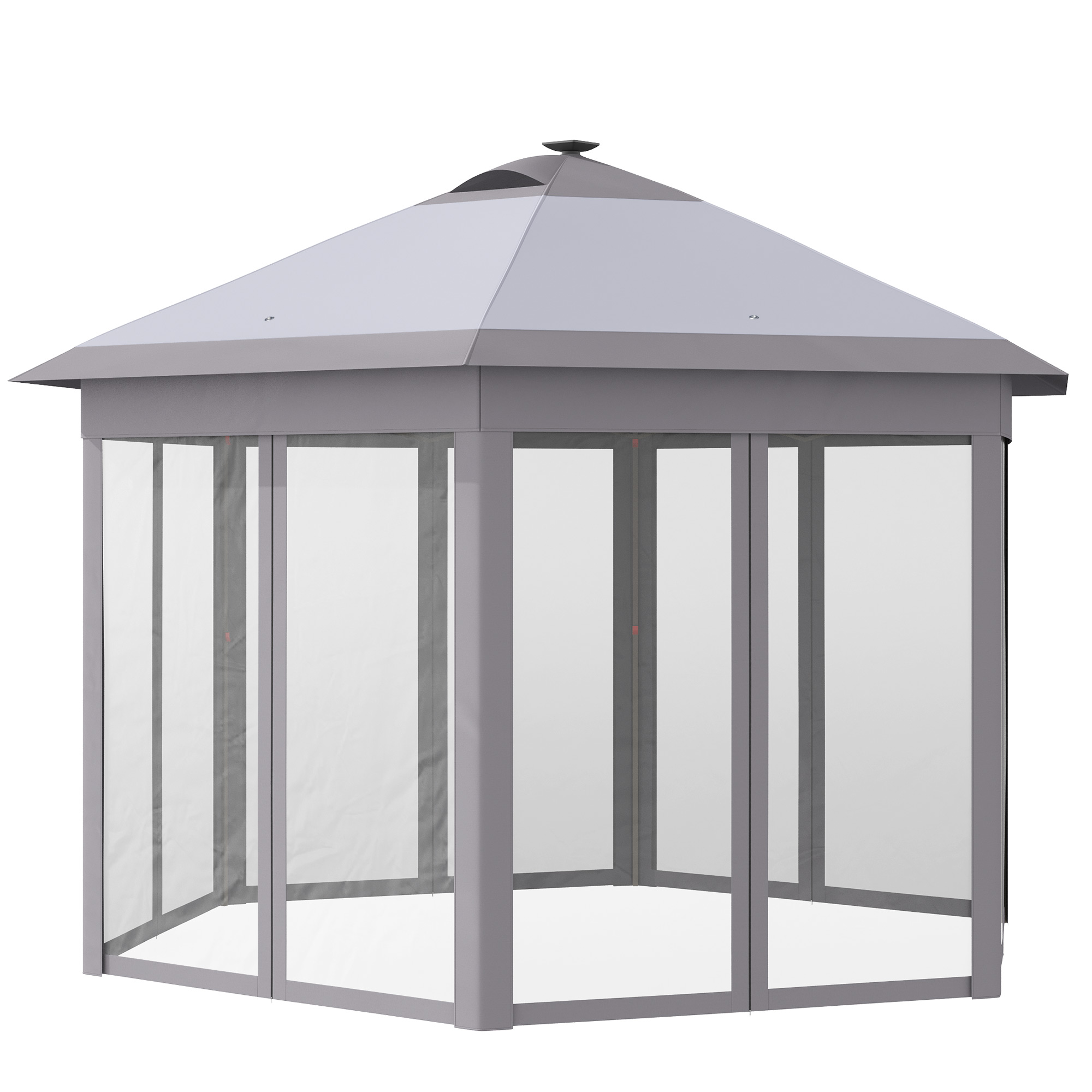 Outsunny Hexagonal Solar Oasis: LED-Lit Gazebo with Remote Control, Mesh &amp; Height Adjustment | Aosom.com