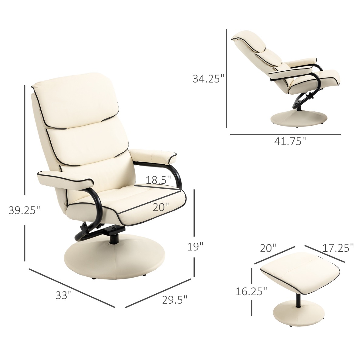 HOMCOM Recliner Chair With Ottoman, Swivel PU Leather High Back Armchair W/ Footrest Stool, 135° Adjustable Backrest & Thick Foam Padding, Cream White