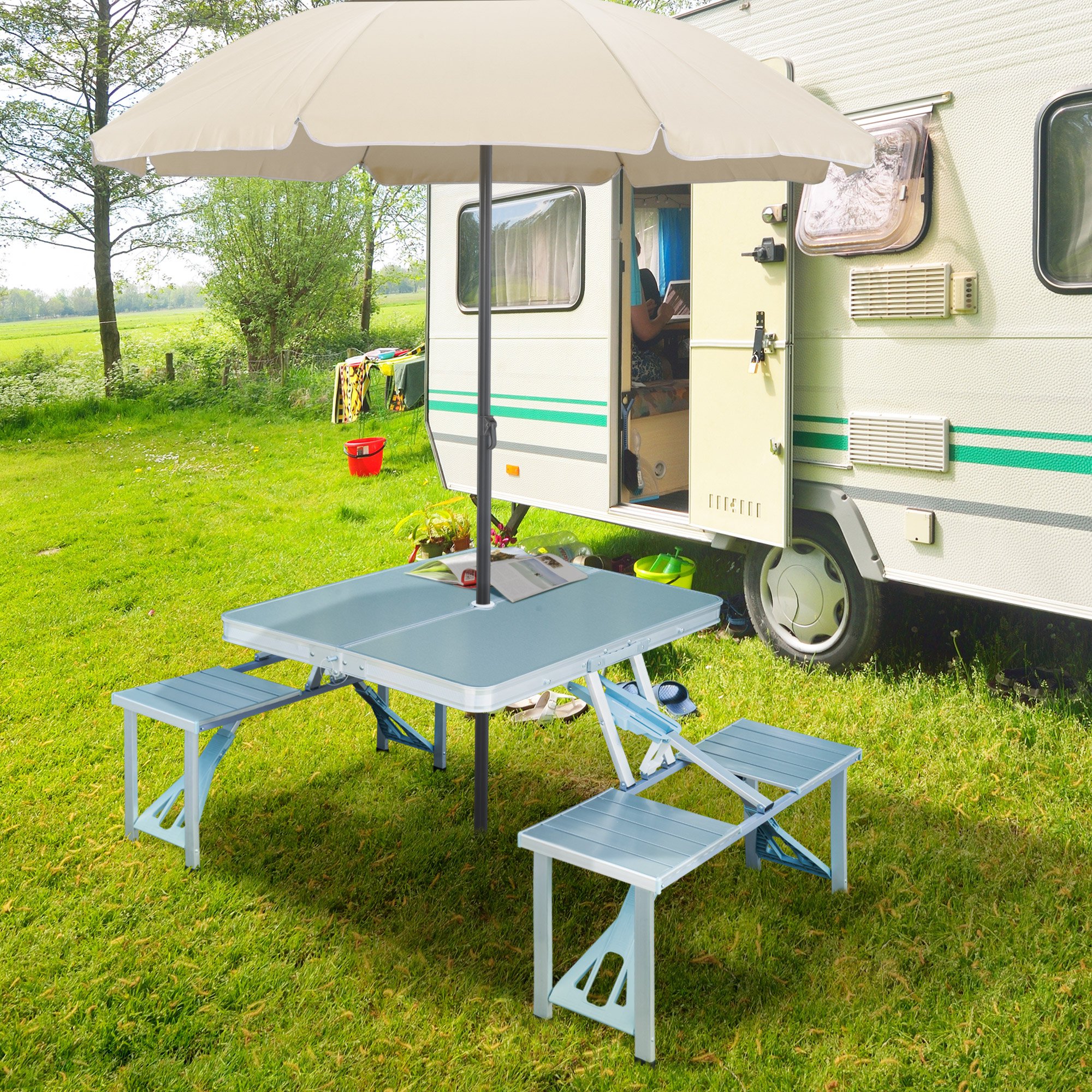 Outsunny New Outdoor Portable Folding Aluminum Picnic Table 4 Seats ...