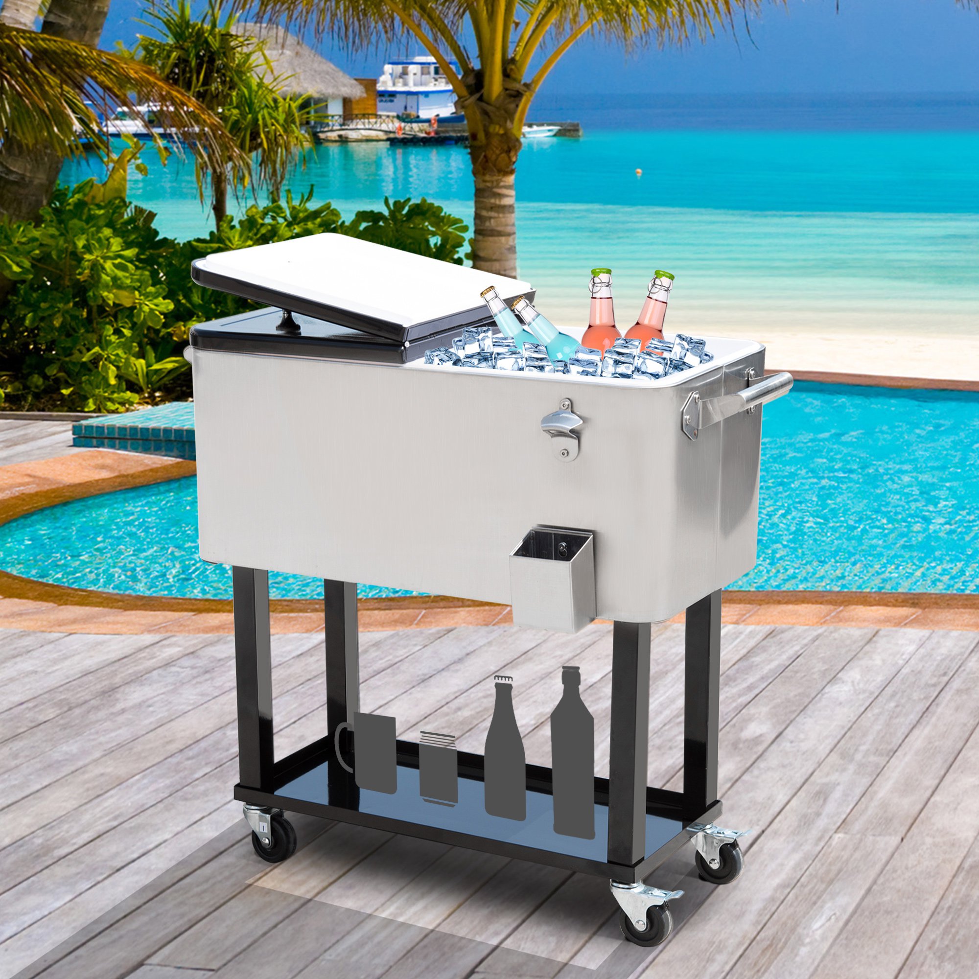 Outsunny 80 QT Rolling Ice Chest Portable Patio Party Drink Cooler Cart