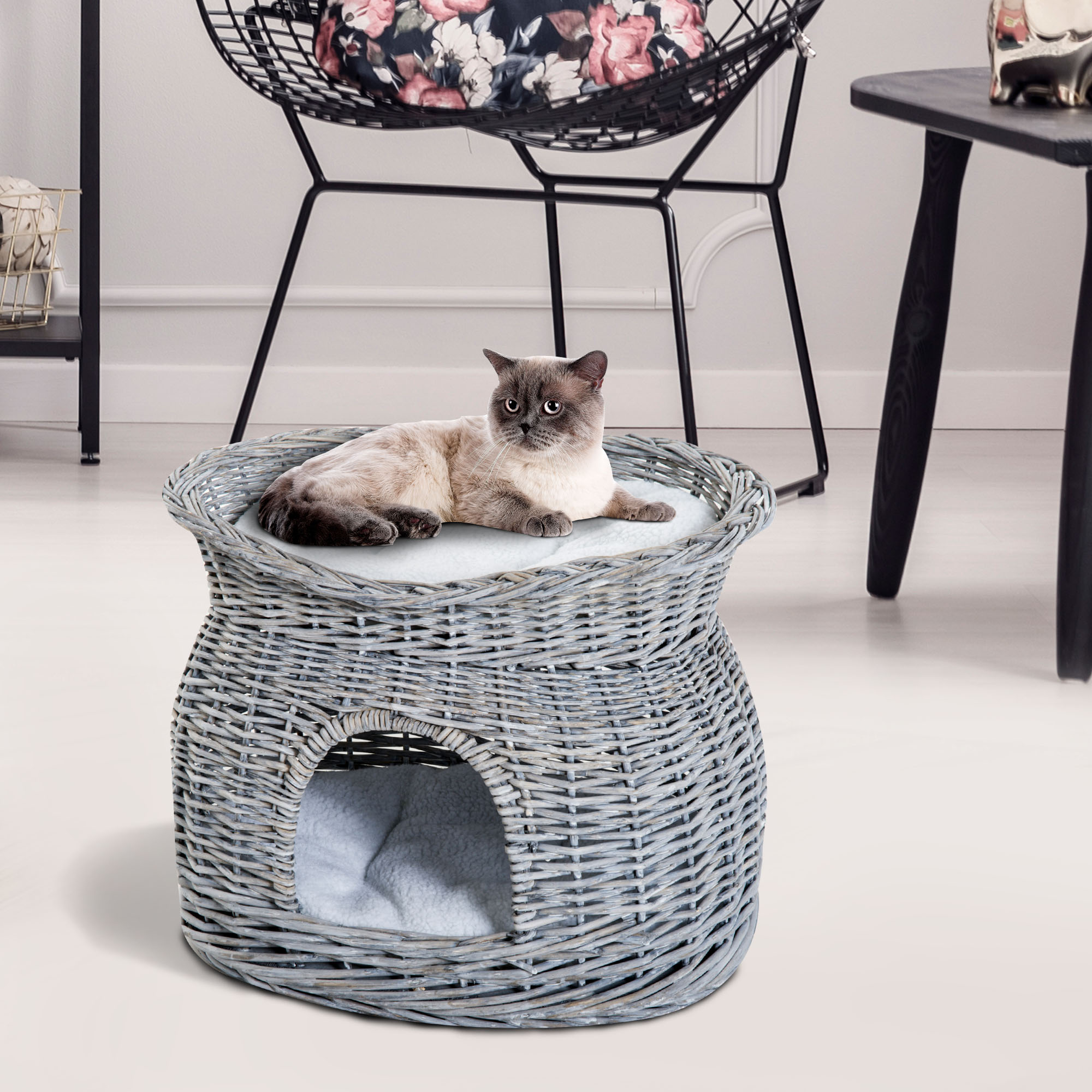 PawHut 16" Two Tier Wicker Elevated Cat Bed Tree House Condo with