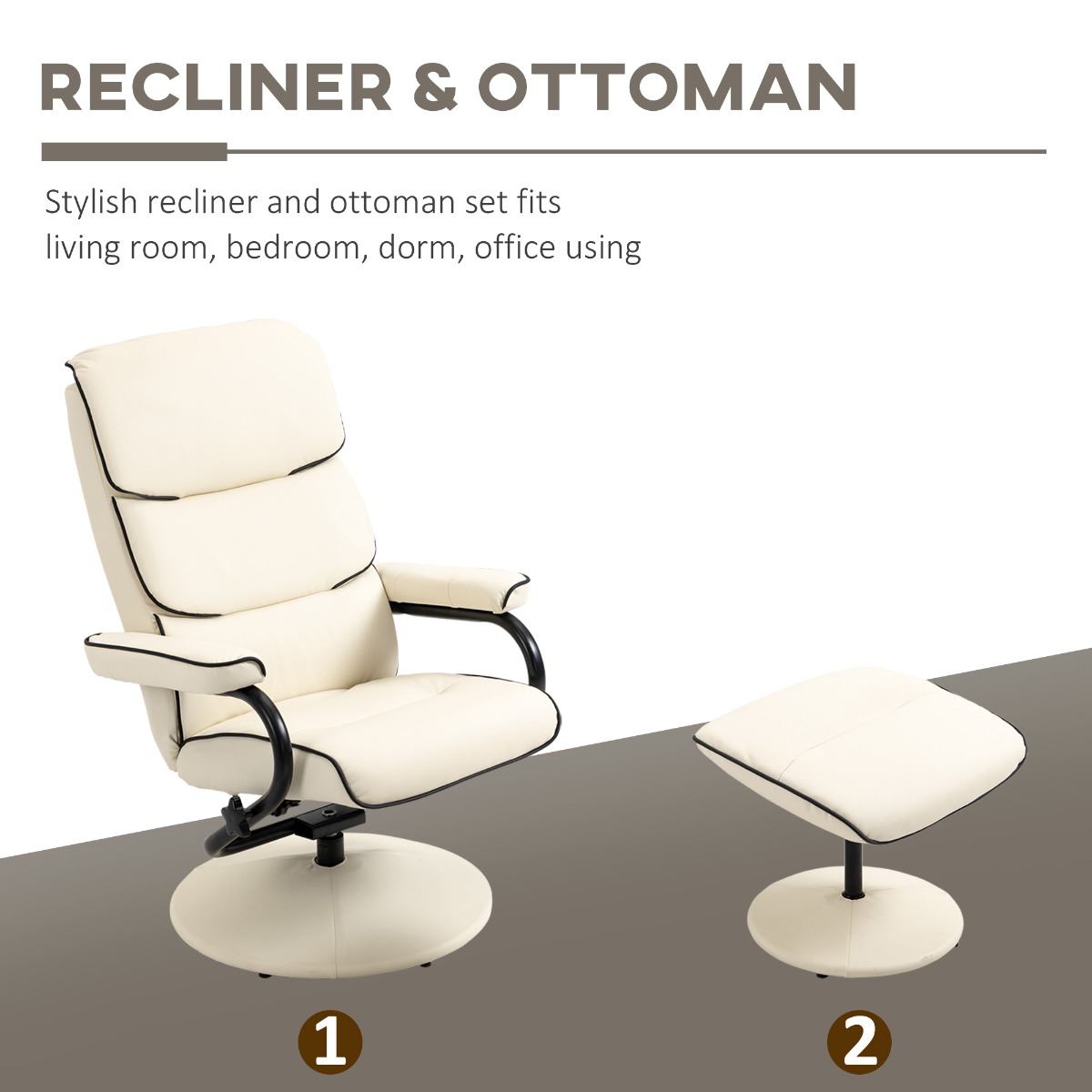 HOMCOM Recliner Chair with Ottoman Cream White Swivel PU Leather High Back Armchair Thick Foam, Cream White| Aosom.com 4