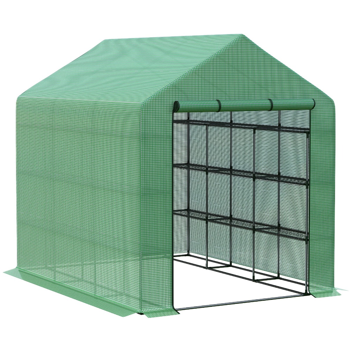 Outsunny 8x6x7 Walk-in Greenhouse, with Roll-up Zipper Door and Windows, 18 Shelves, PE Cover, UV protective for Garden, Green | Aosom.com