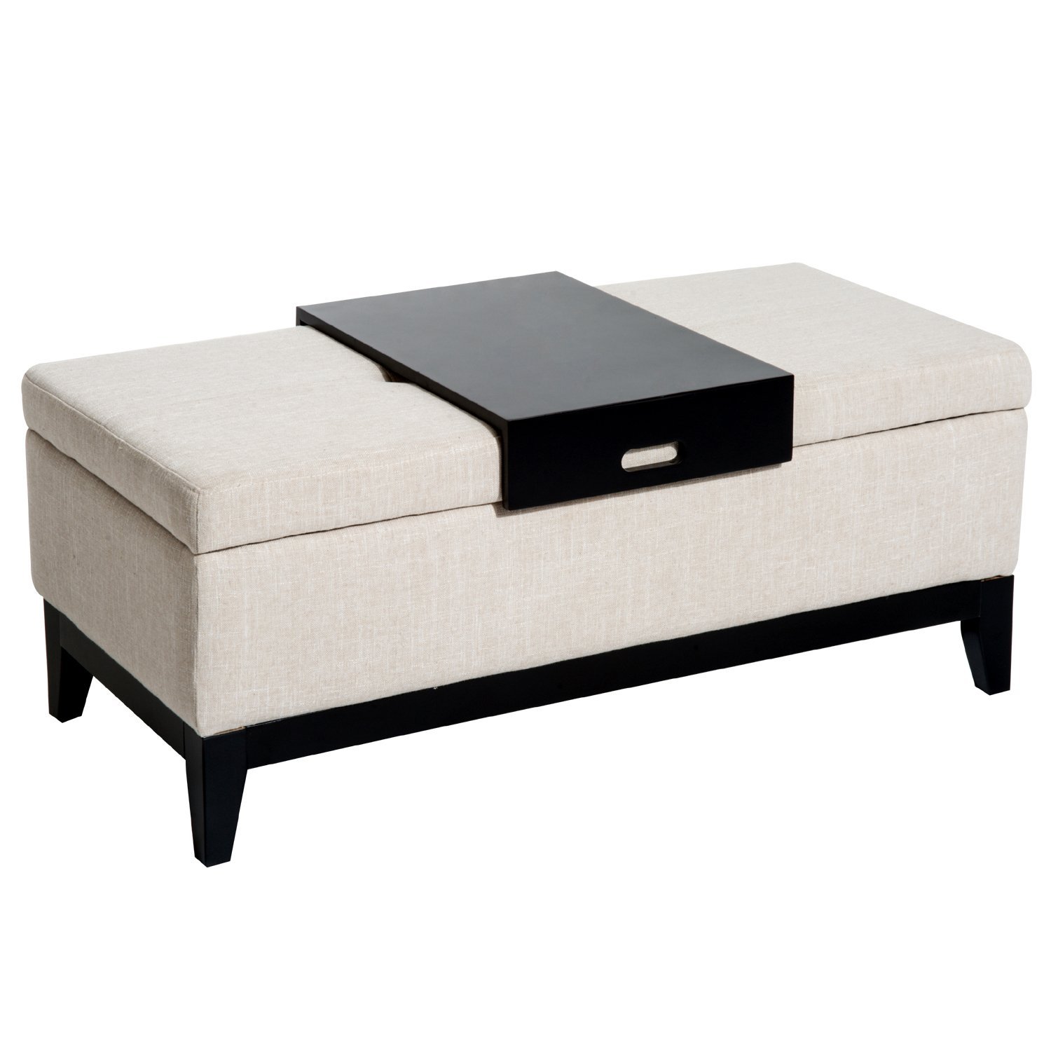 42' Rectangular Linen Fabric Storage Ottoman Bench With Tray