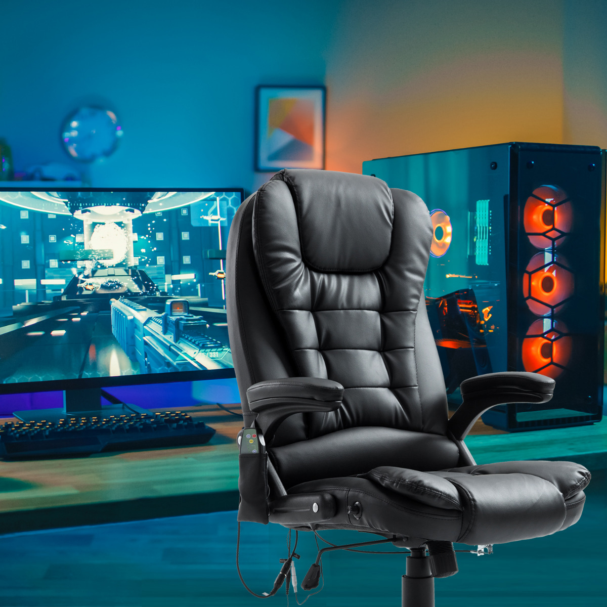 Gaming Swivel Chair Heated Vibrating Massage Office Chair Black