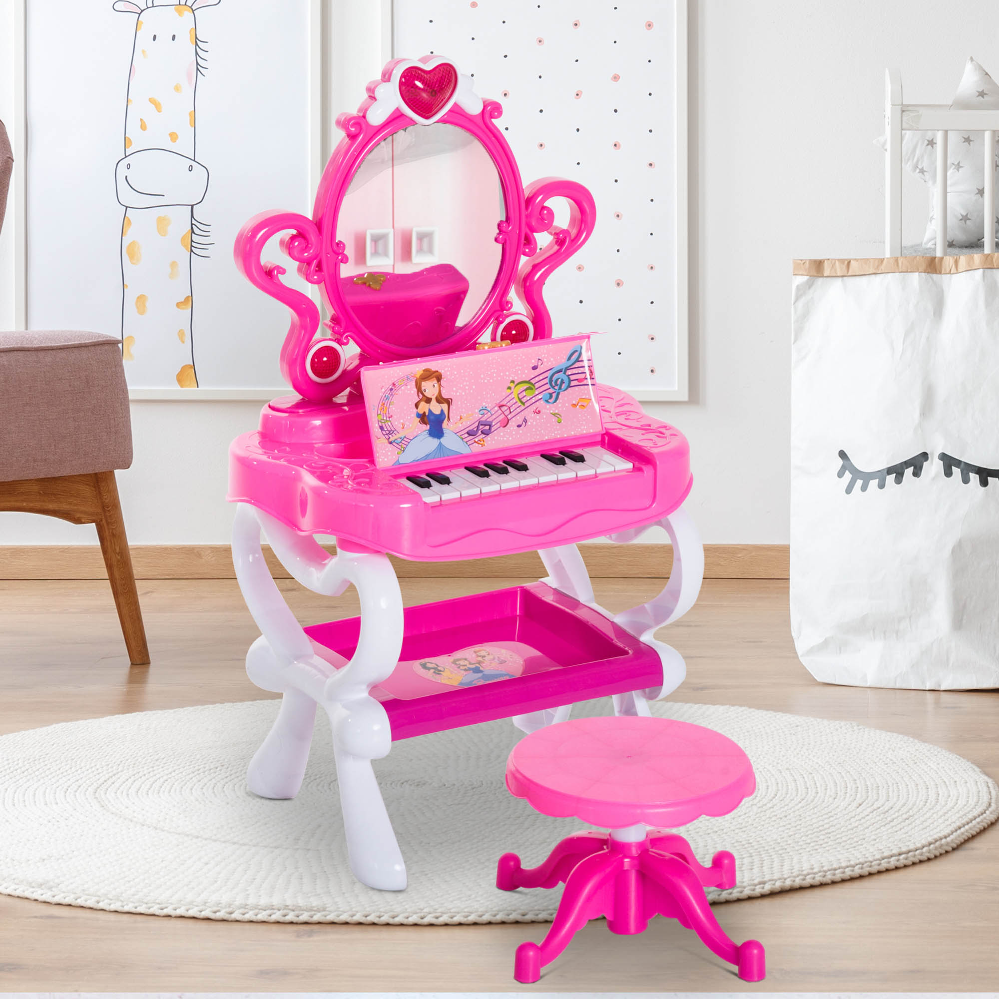 Qaba 2-In-1 Kids Piano Vanity Table Stool Princess Pretend Play Set