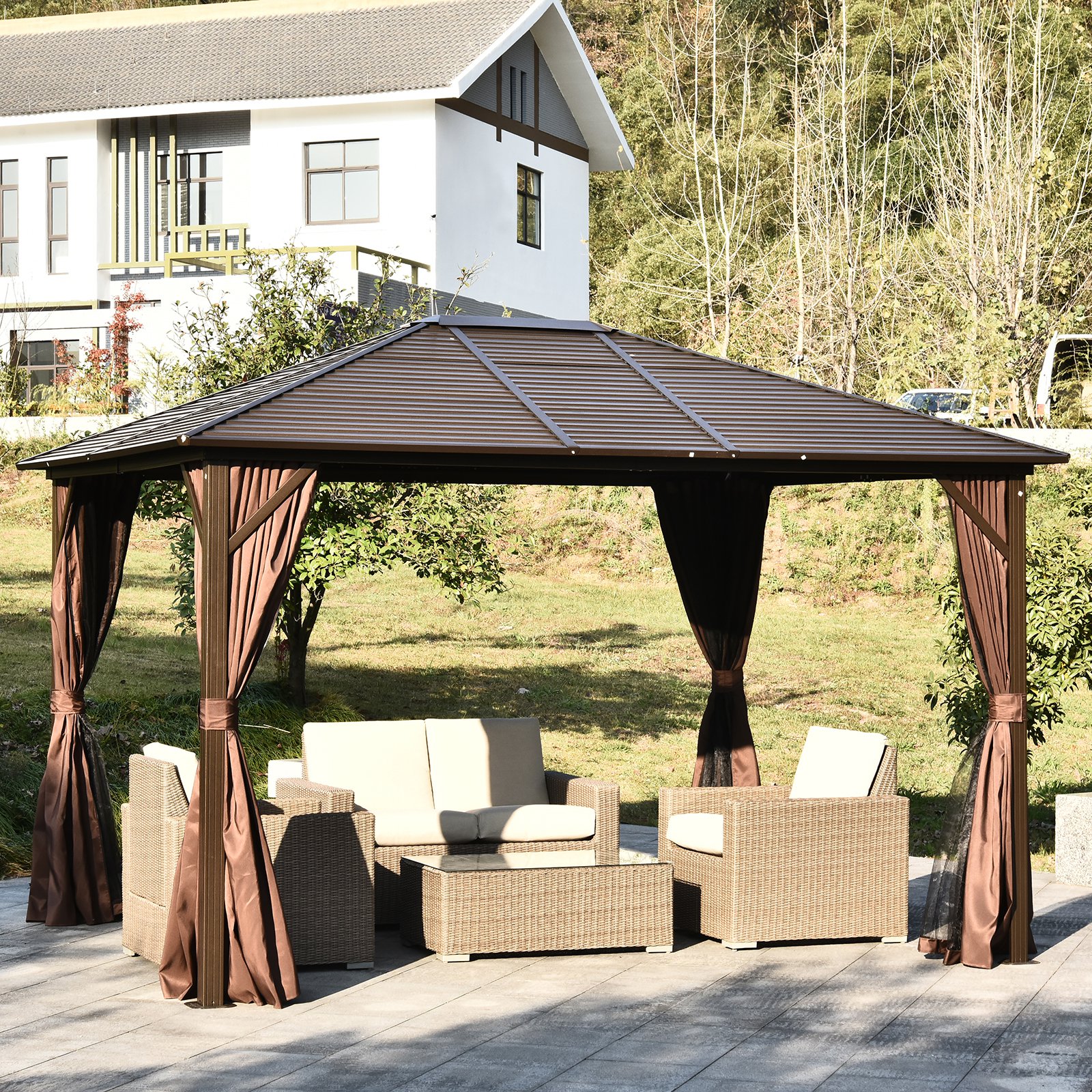 Outsunny 12' x 10' Steel Hardtop Outdoor Gazebo with Curtains Brown
