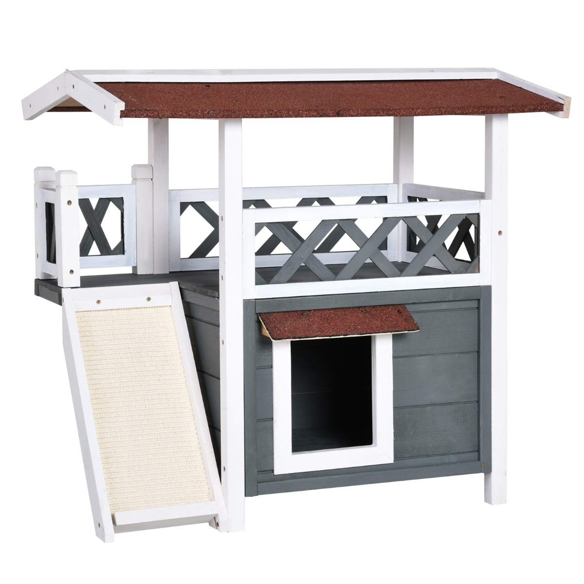 PawHut 2-Story Solid Wood Cat House Condo Shelter with Sisal Ramp ...