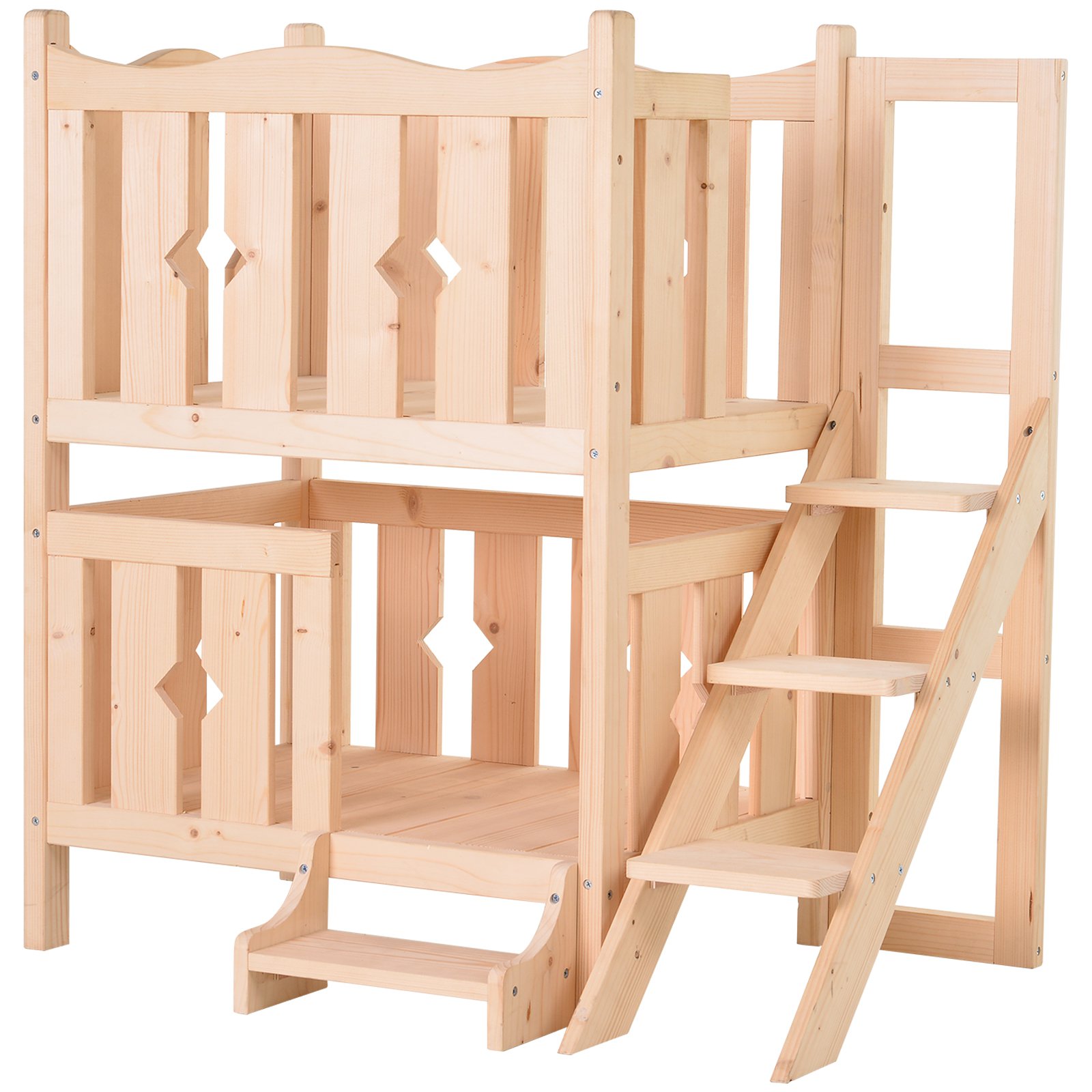 PawHut 2Story Wooden Cat House with 2 Elevated Pet Beds Protective