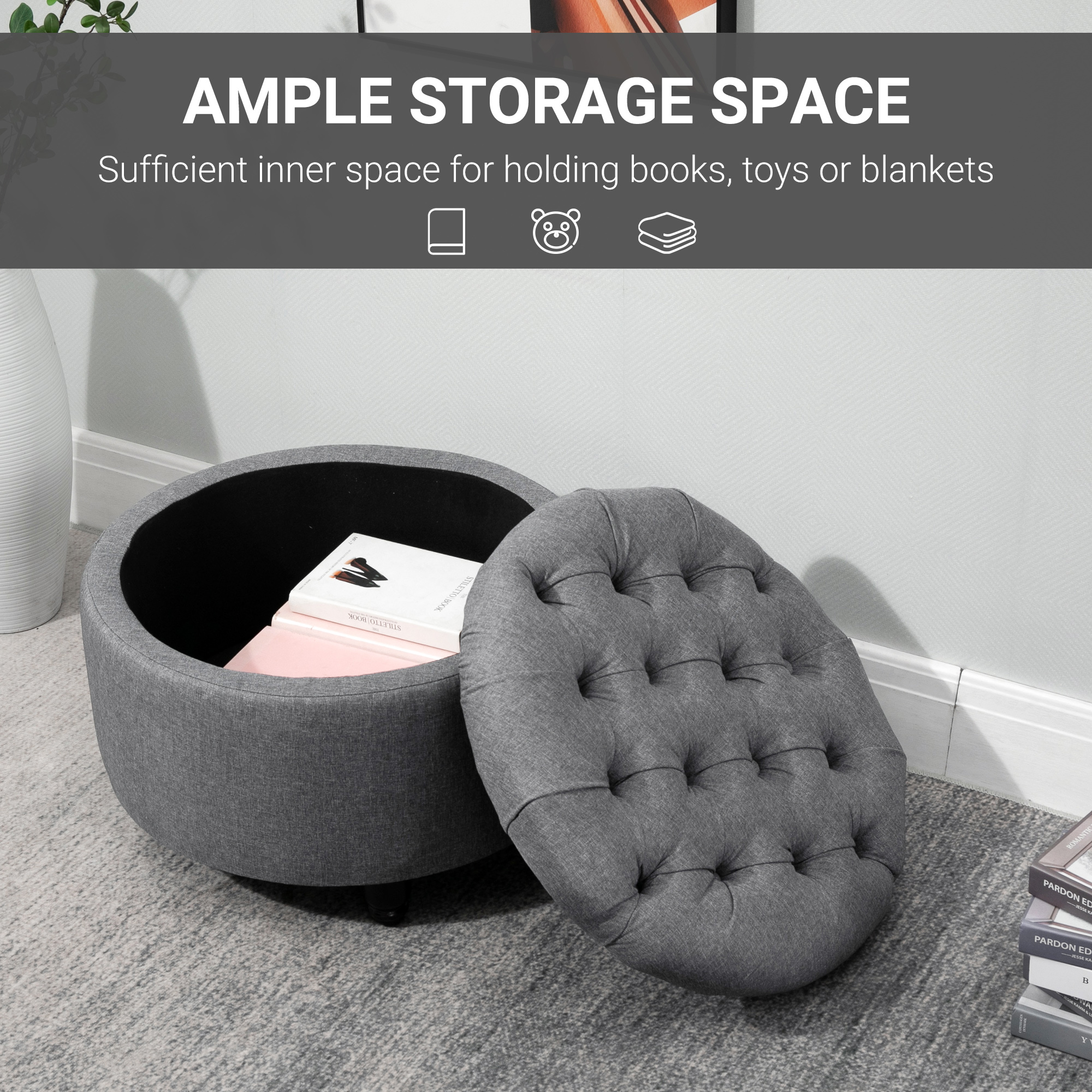 HOMCOM Round Linen-touch Fabric Storage Stool Ottoman Button 
