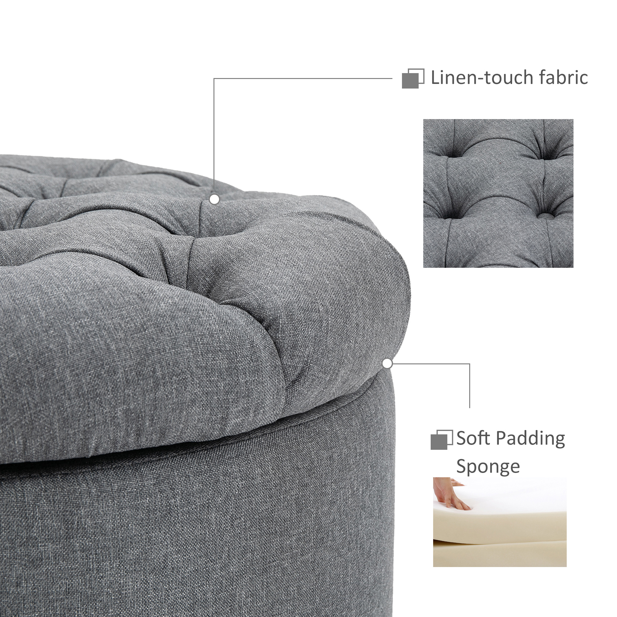 HOMCOM Round Linen-touch Fabric Storage Stool Ottoman Button 