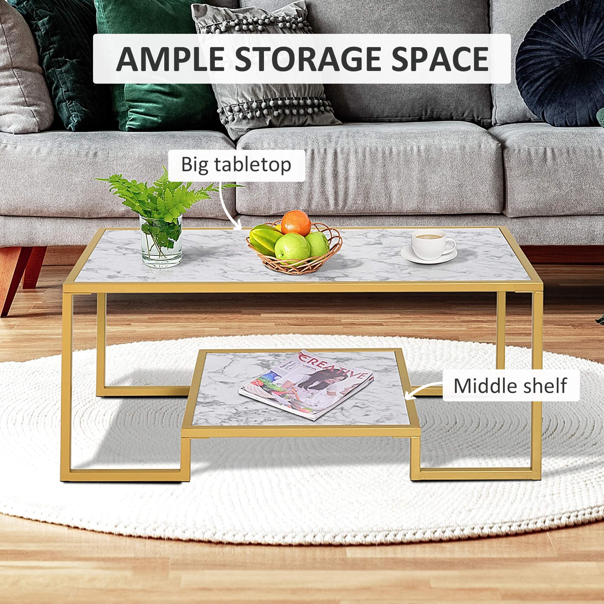 6.HOMCOM Art Deco Coffee Table Laminate Marble Print Top Storage Shelf White Gold for Modern Living Room | Aosom.com 2