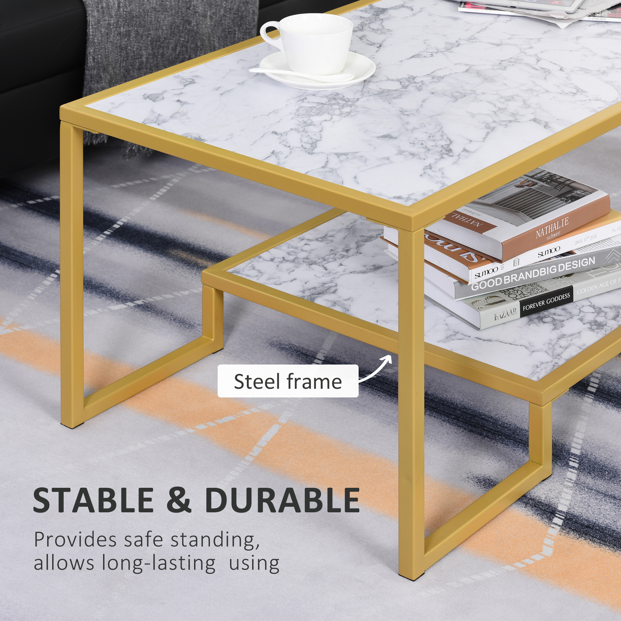 6.HOMCOM Art Deco Coffee Table Laminate Marble Print Top Storage Shelf White Gold for Modern Living Room | Aosom.com 3