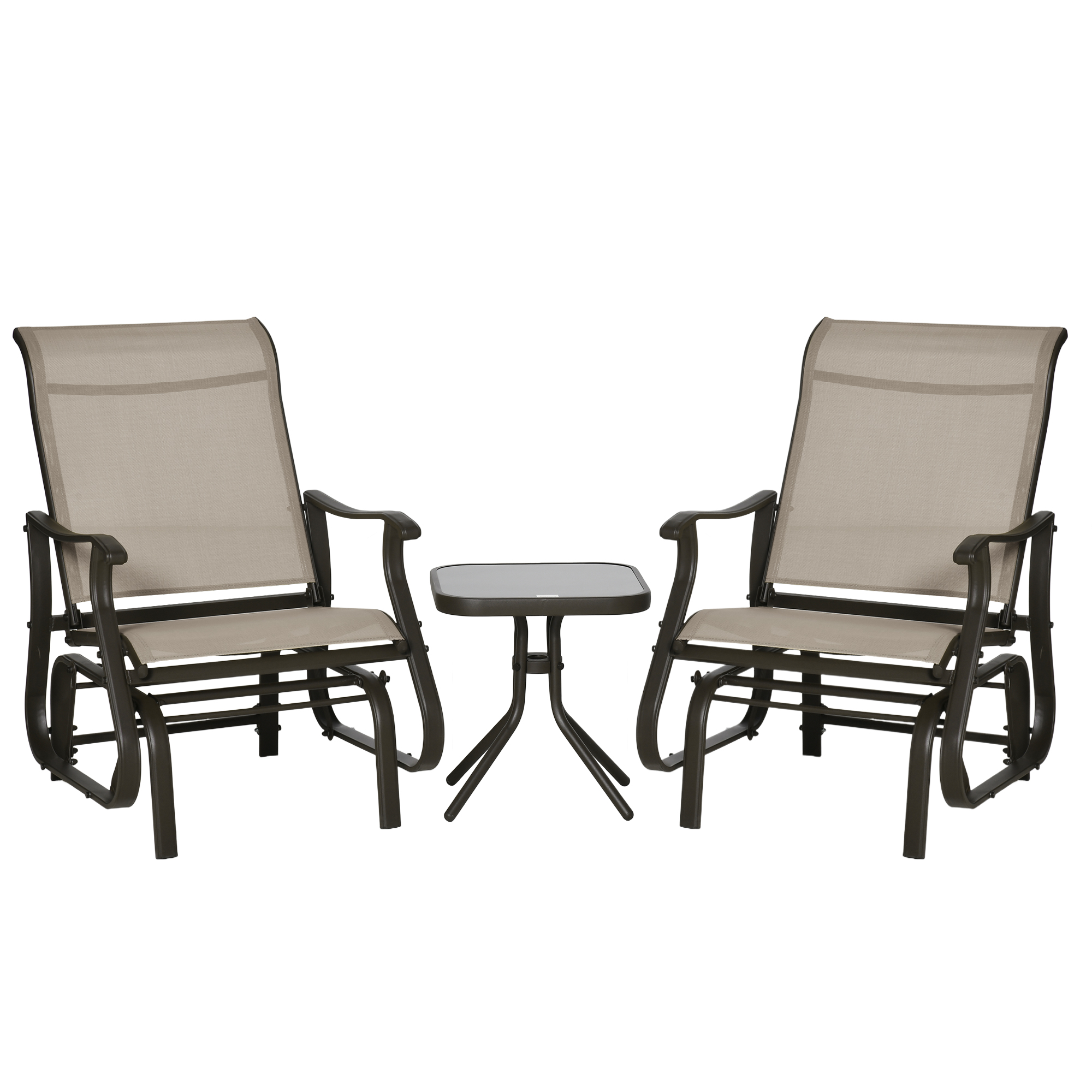 Outsunny 3-Piece Gliding Chair &amp; Tea Table Set, Outdoor 2 Rocker Seats with Steel Frame, Tempered Glass Tabletop, Garden Patio Furniture, Grey